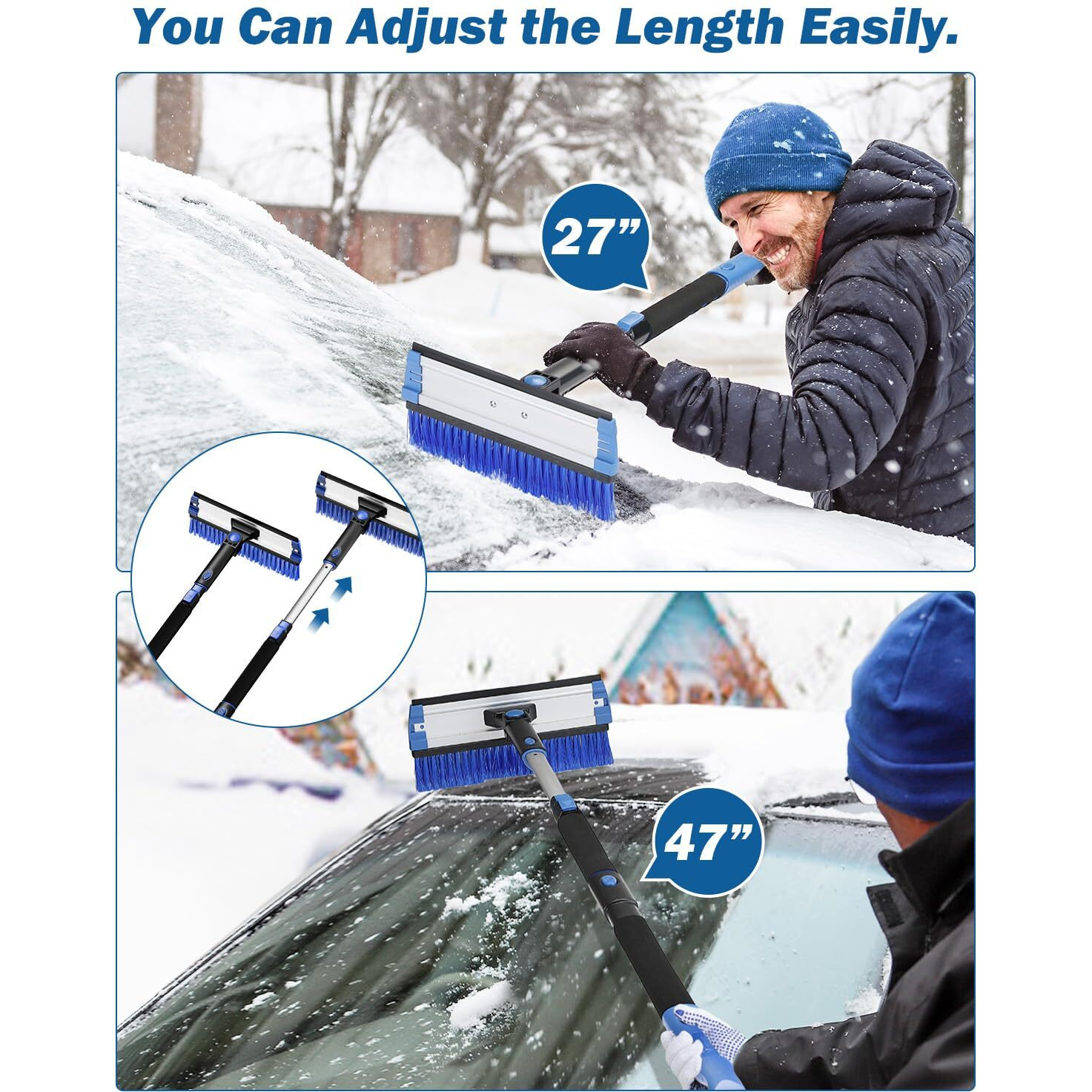 Joytutus 47    Car Snow Brush, 4 In 1 Extendable Auto Car Snow Removal Broom Brush With Squeegee, 270 Foam Grip Car Retractable Snow Shovel With Durable Ice Scraper And Gift Gloves For Car Suv, Blue.