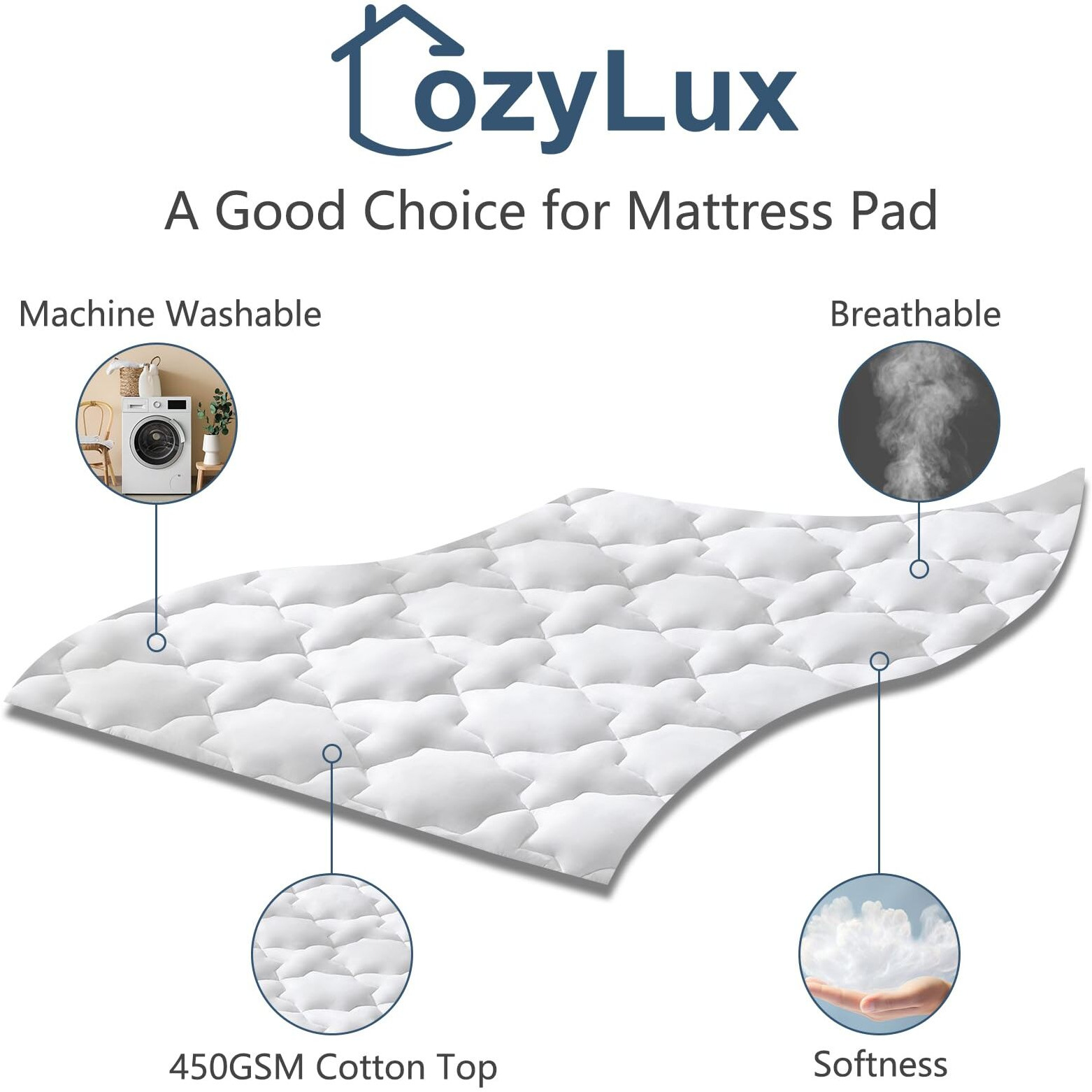 Cozylux King Mattress Pad Deep Pocket Non Slip Cotton Mattress Topper Breathable And Soft Quilted Fitted Mattress Cover Up To 18"" Thick Pillowtop 450Gsm Bed Mattress Pad White