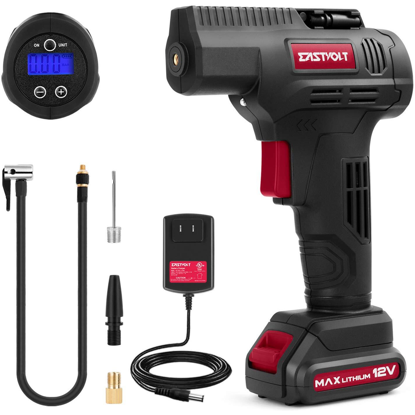 Eastvolt 12V Tire Inflator Air Compressor, Multi-Purpose Electric Power, Max 150Psi With 4-Unit Measurement Gauge, 3 Nozzles, Fast Charger And 1.5 Ah Rechargeable Battery