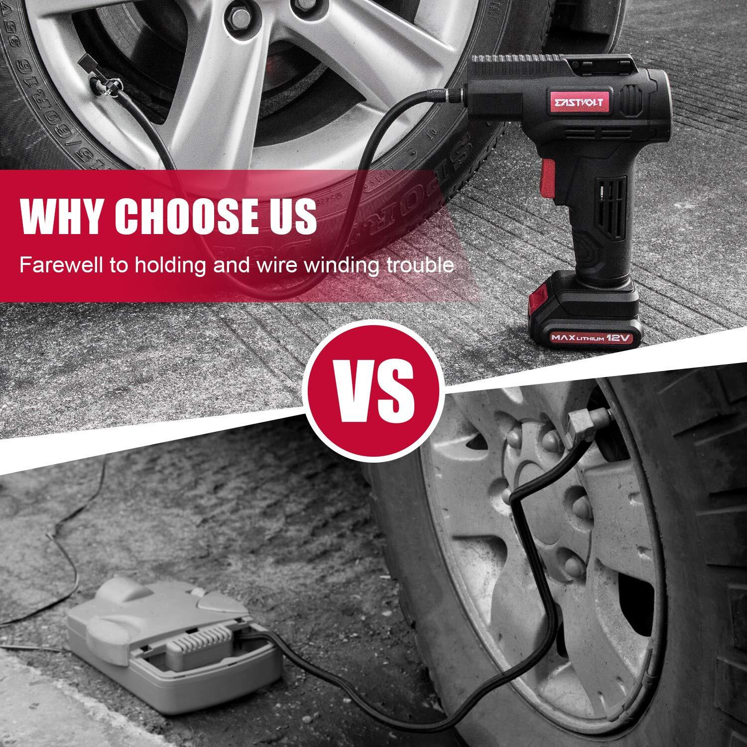 Eastvolt 12V Tire Inflator Air Compressor, Multi-Purpose Electric Power, Max 150Psi With 4-Unit Measurement Gauge, 3 Nozzles, Fast Charger And 1.5 Ah Rechargeable Battery