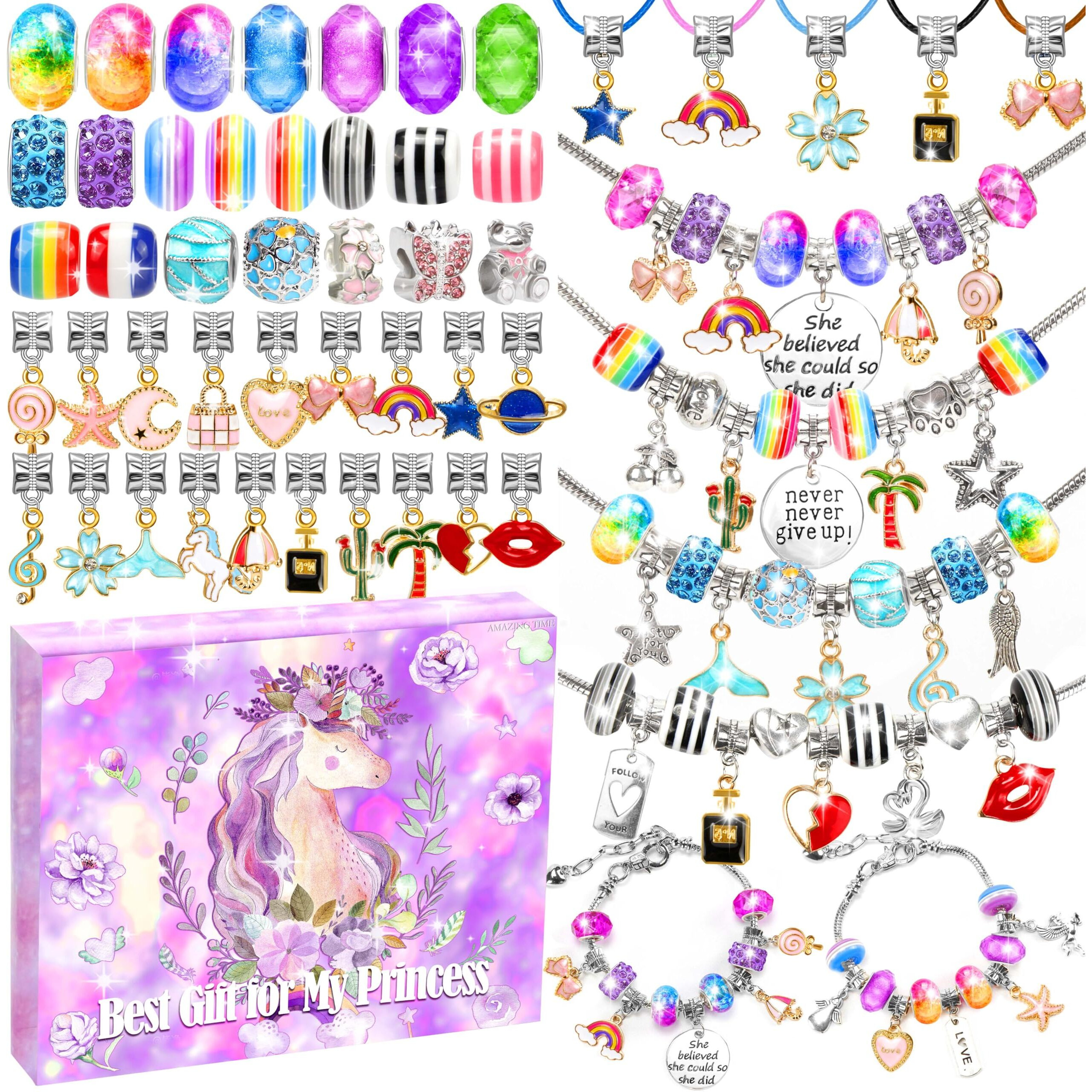Amazing Time 130 Pcs Charm Bracelet Making Kit, Jewelry Toy For Girl Age 8-12 Beads Craft Set For 5 6 7 8 9 10 11 12 Year Old Teenage Birthday Gift