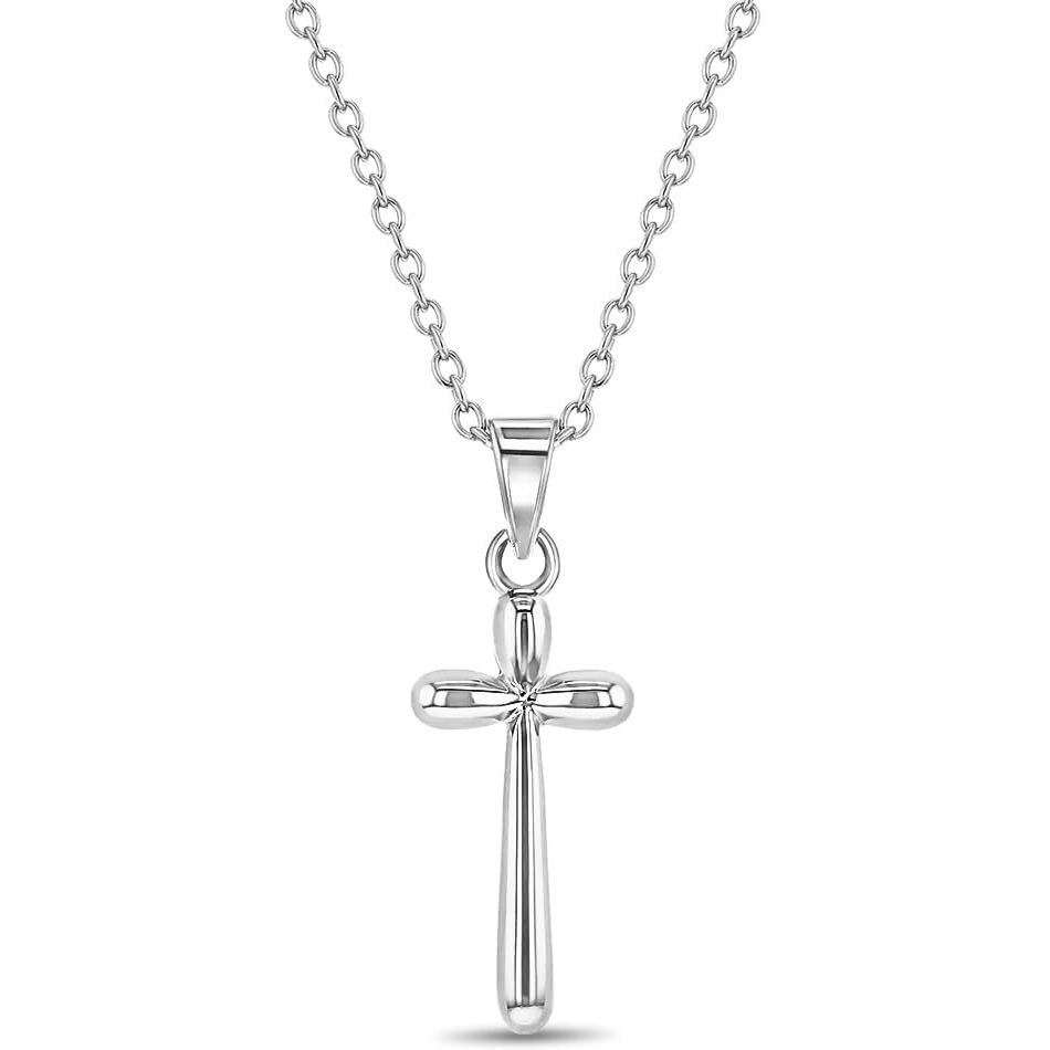 925 Sterling Silver Girl's 16"" Round Edge Plain Stick Cross Pendant Necklace - Shiny Rounded Cross Charm Necklaces For Children & Preteens - Classic Religious Petite Cross Jewelry For Little Girls