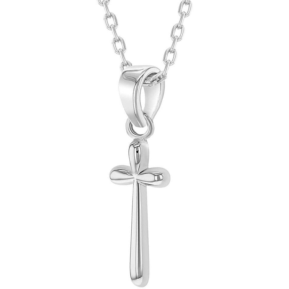 925 Sterling Silver Girl's 16"" Round Edge Plain Stick Cross Pendant Necklace - Shiny Rounded Cross Charm Necklaces For Children & Preteens - Classic Religious Petite Cross Jewelry For Little Girls