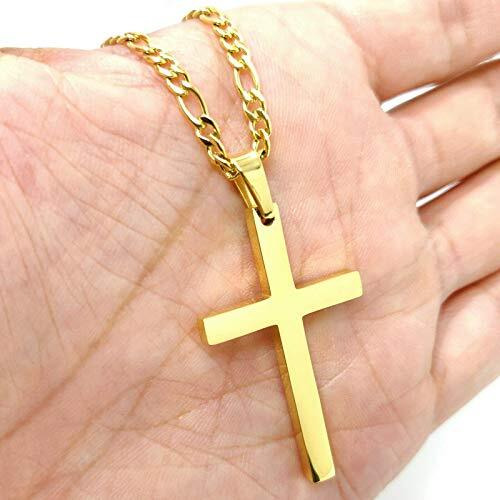 Fztn Jewelry Gold Cross Necklace For Men Women Teen Boys 26 Inch Flat Figaro Chain Necklace 18K Gold Plated Stainless Steel Fashion Jewelry