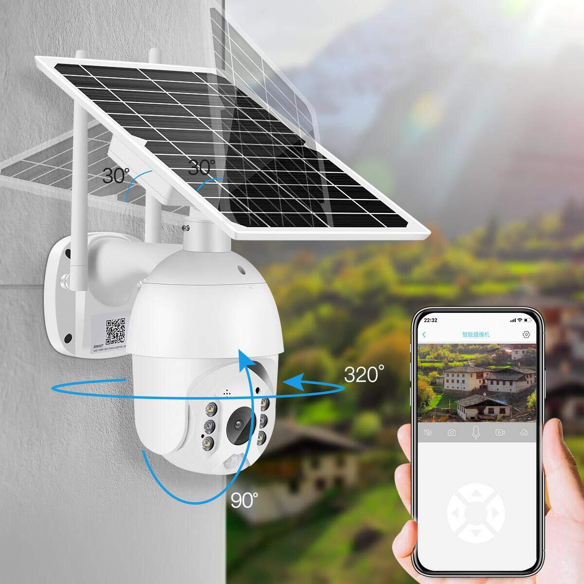 100% Wire-Free Wireless Rechargeable Battery Solar Powered Outdoor 1080P Pan Tilt Wifi Security Camera Pir Motion Recording Two-Way Audio Ip65 Weatherproof Night Vision Built-In Sd Slot