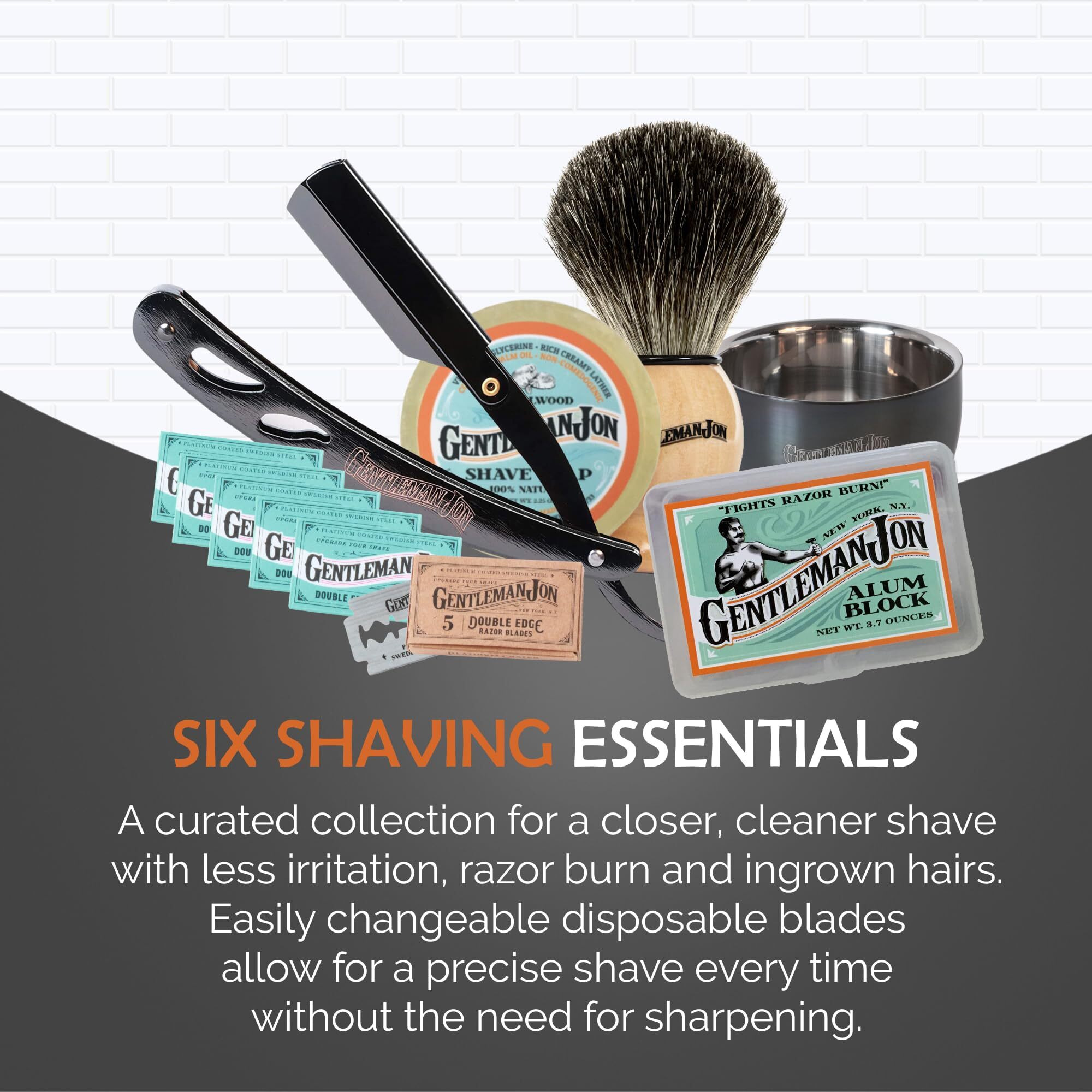 Gentleman Jon Straight Razor Shaving Kit | Vintage Wet Shave Grooming Set For Men - Includes Straight Edge Razor, Hair Shaving Brush, Alum Block, Shave Soap, Bowl & Double Edge Razor Blades