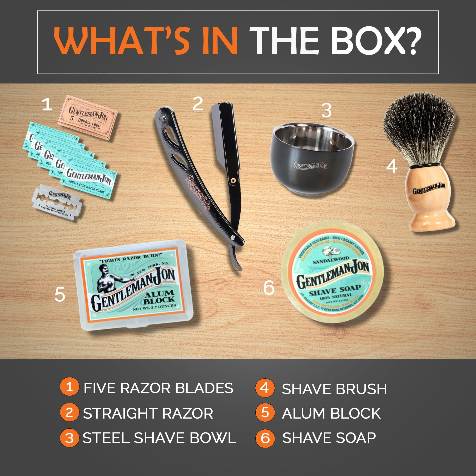 Gentleman Jon Straight Razor Shaving Kit | Vintage Wet Shave Grooming Set For Men - Includes Straight Edge Razor, Hair Shaving Brush, Alum Block, Shave Soap, Bowl & Double Edge Razor Blades