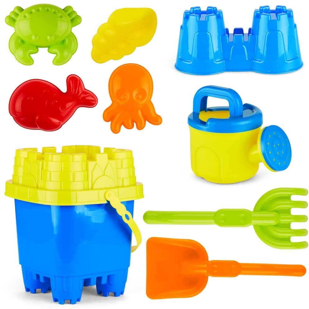 Prextex 10 Piece Beach Sand Toys Set For Kids - Bucket With Sifter, Shovel, Rake, Watering Can, 5 Animal And Castle Sand Molds For Kids & Toddlers - Sand Buckets And Shovels For Kids, Beach Toy Set