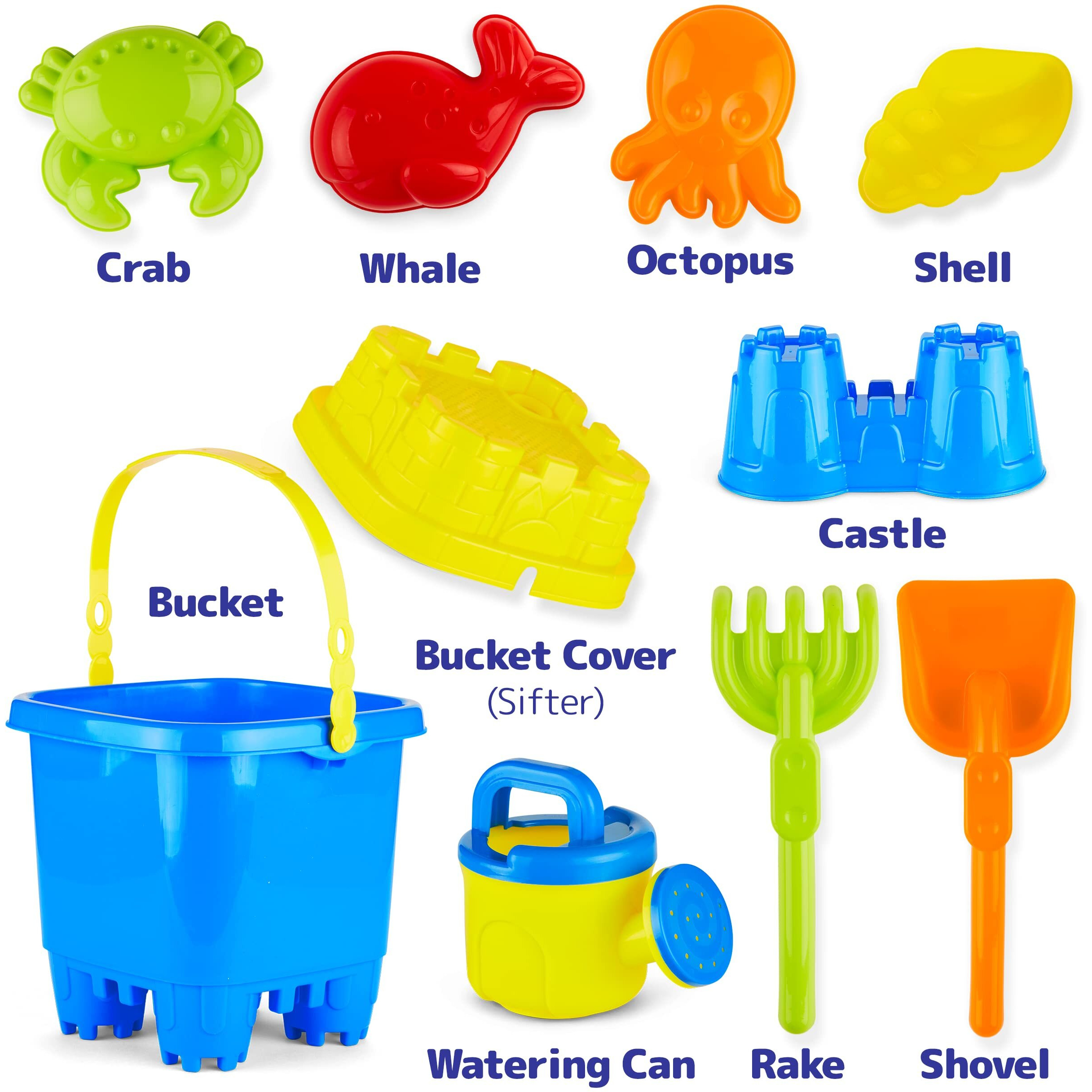 Prextex 10 Piece Beach Sand Toys Set For Kids - Bucket With Sifter, Shovel, Rake, Watering Can, 5 Animal And Castle Sand Molds For Kids & Toddlers - Sand Buckets And Shovels For Kids, Beach Toy Set