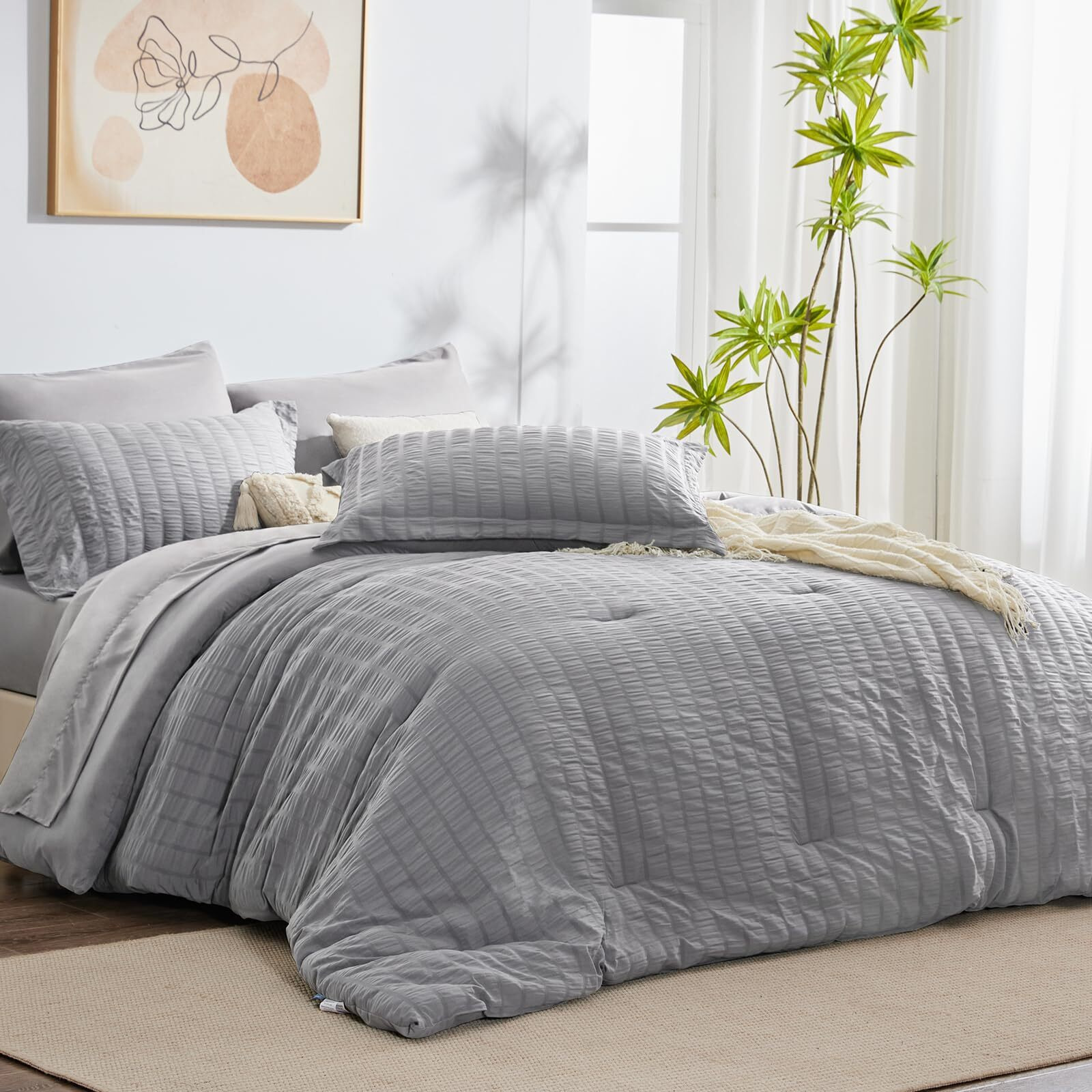 Cozylux King Seersucker Comforter Set With Sheets Light Grey Bed In A Bag 7-Pieces All Season Bedding Sets With Comforter, Pillow Sham, Flat Sheet, Fitted Sheet, Pillowcase