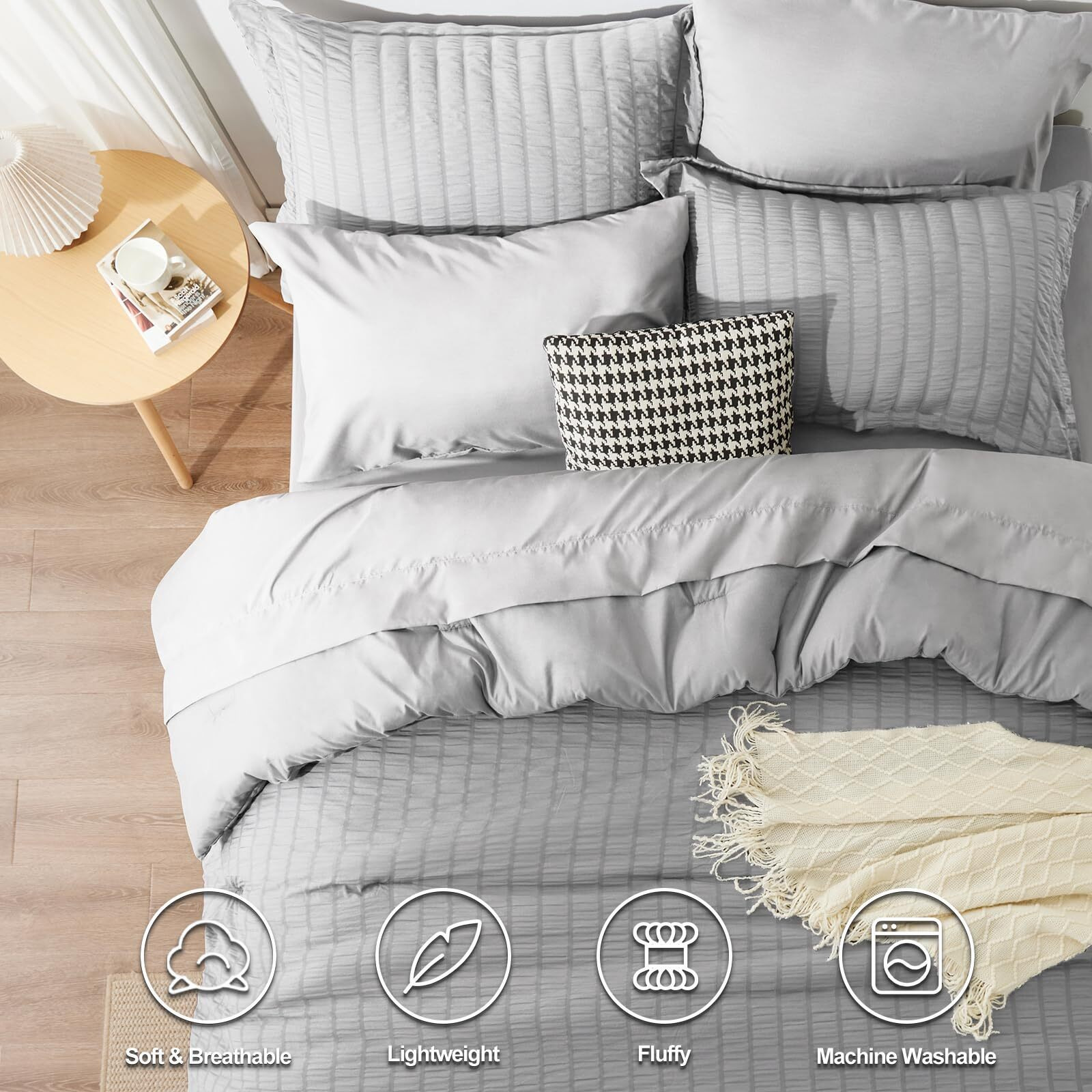Cozylux King Seersucker Comforter Set With Sheets Light Grey Bed In A Bag 7-Pieces All Season Bedding Sets With Comforter, Pillow Sham, Flat Sheet, Fitted Sheet, Pillowcase