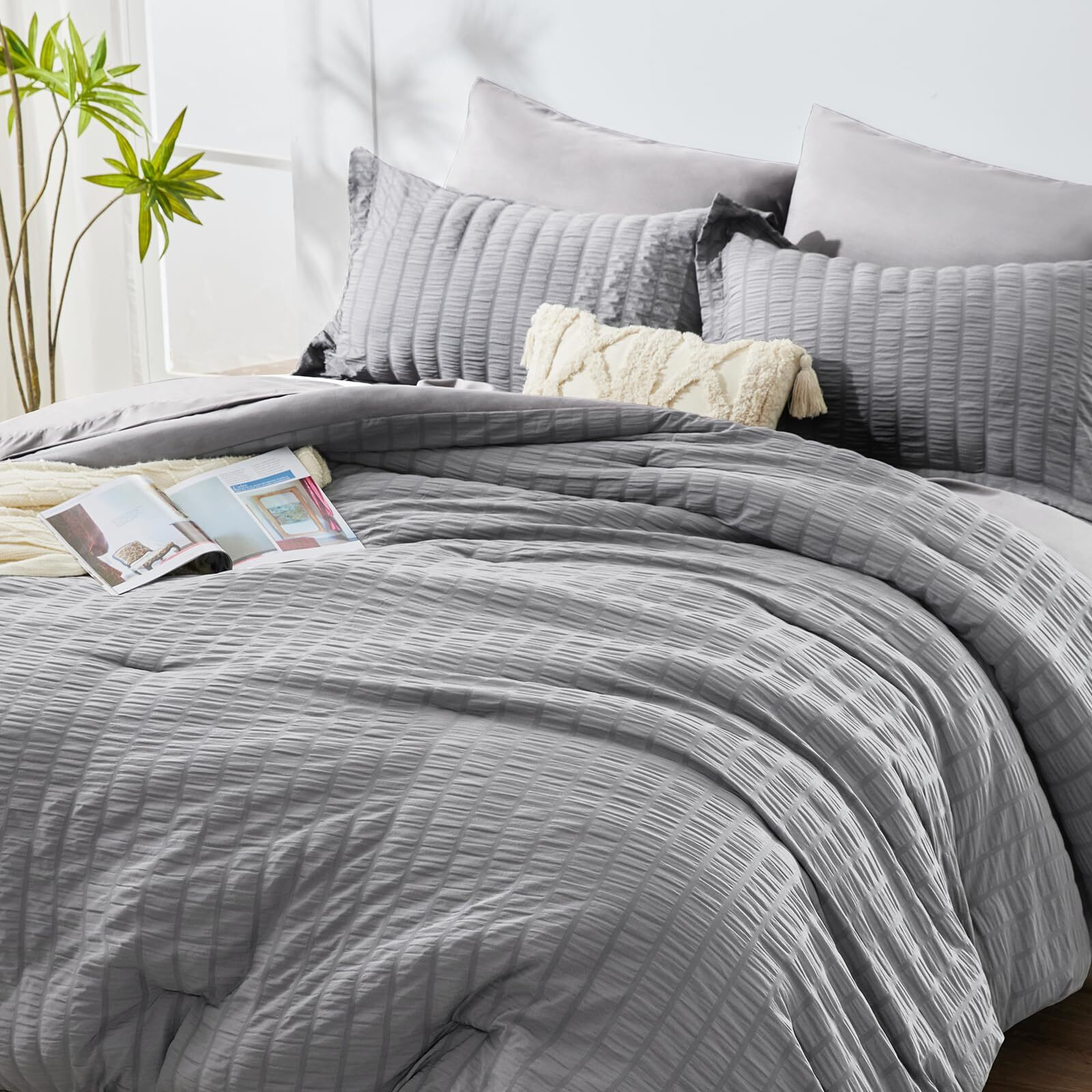 Cozylux King Seersucker Comforter Set With Sheets Light Grey Bed In A Bag 7-Pieces All Season Bedding Sets With Comforter, Pillow Sham, Flat Sheet, Fitted Sheet, Pillowcase