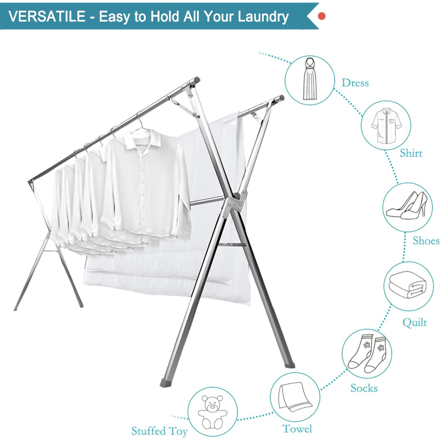 Jauree 63 Inches Clothes Drying Rack, Stainless Steel Garment Rack Adjustable And Foldable Space Saving Laundry Drying Rack For Indoor Outdoor With 20 Windproof Hooks