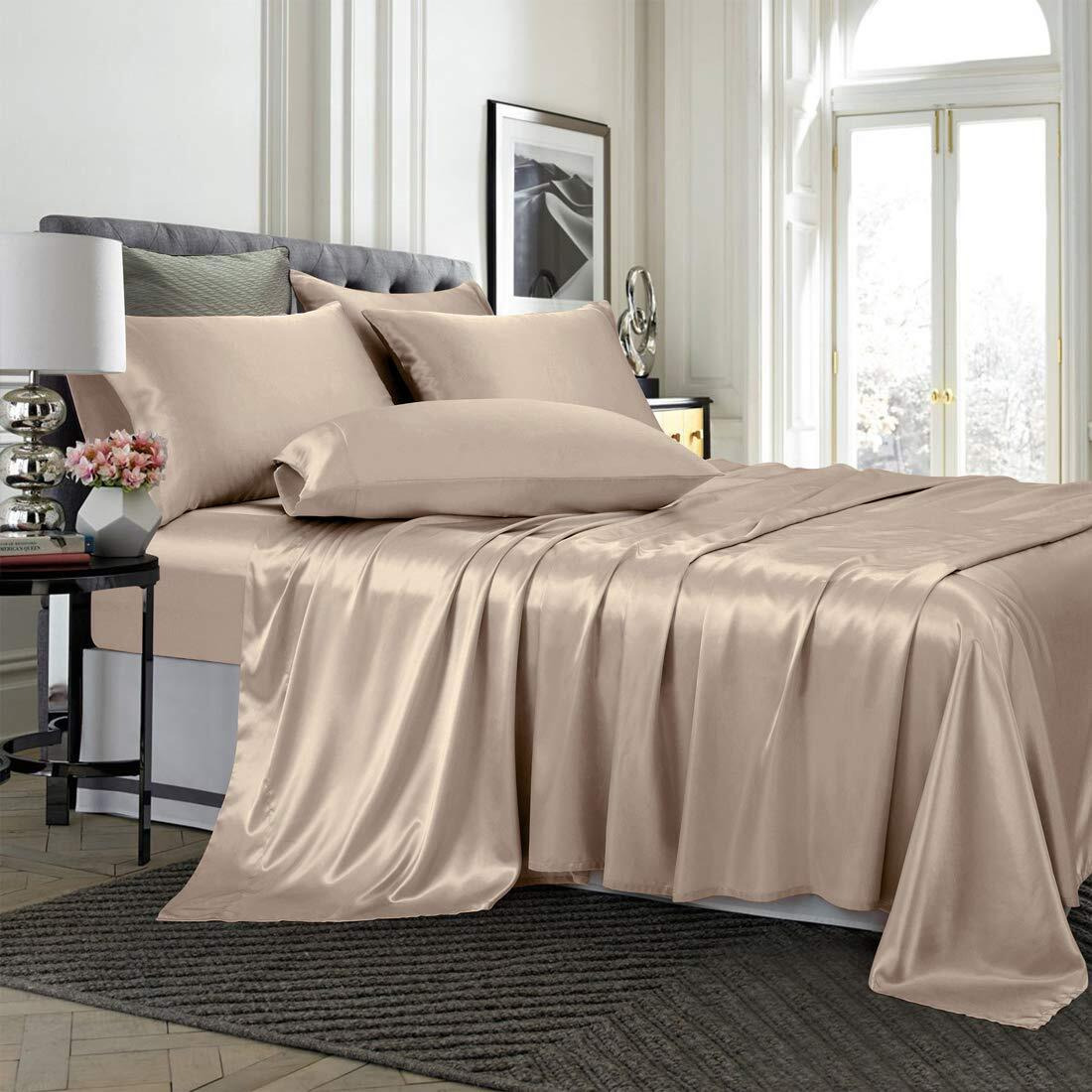 Treely 6 Piece Satin Sheets King Size Silky Smooth Taupe Satin Sheet Set With Deep Pocket, Satin Fitted Sheet, Flat Sheet, 4 Satin Pillowcase
