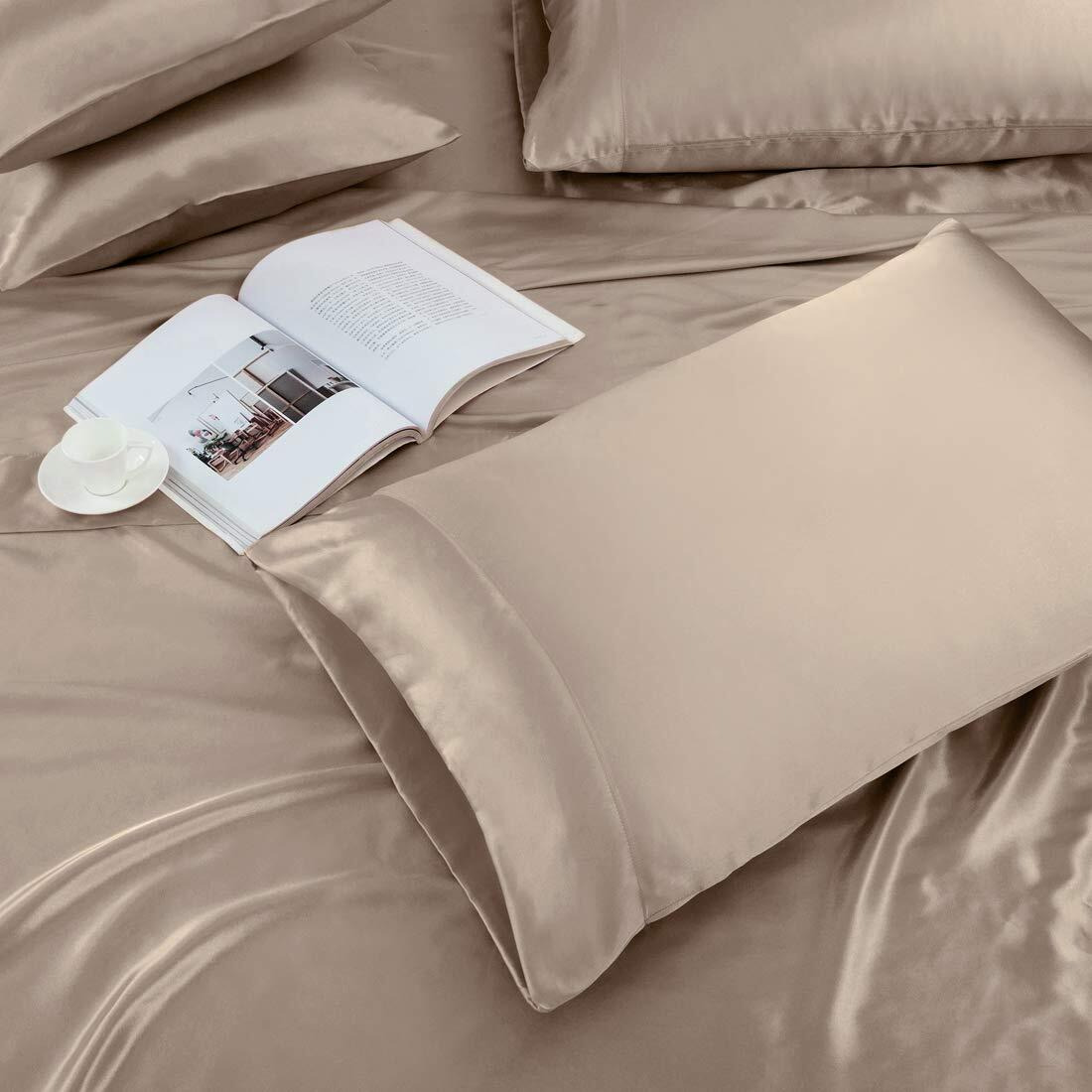 Treely 6 Piece Satin Sheets King Size Silky Smooth Taupe Satin Sheet Set With Deep Pocket, Satin Fitted Sheet, Flat Sheet, 4 Satin Pillowcase