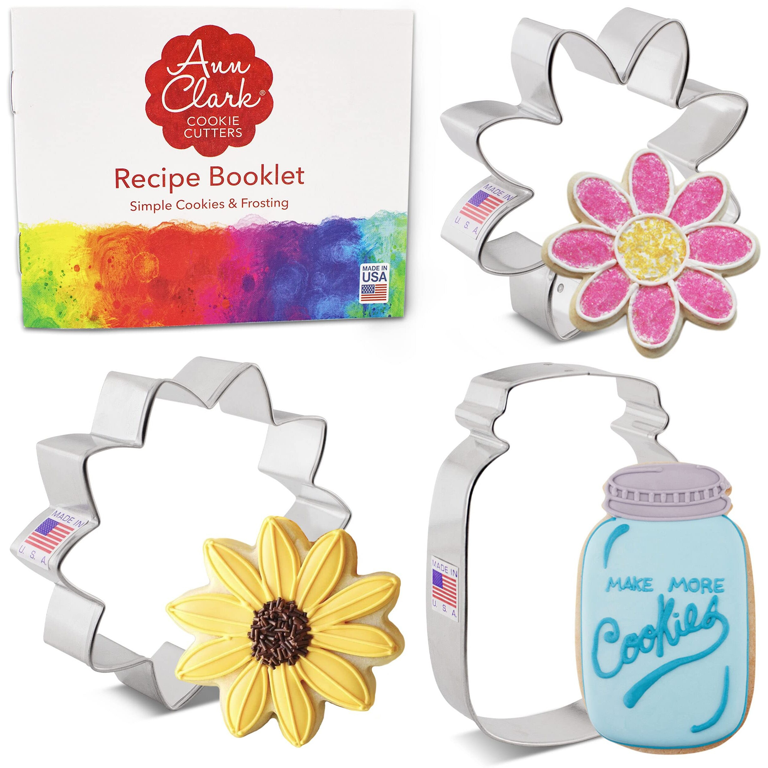 Summer Flowers Cookie Cutters 3-Pc. Set Made In The Usa By Ann Clark, Sunflower, Daisy And Mason Jar