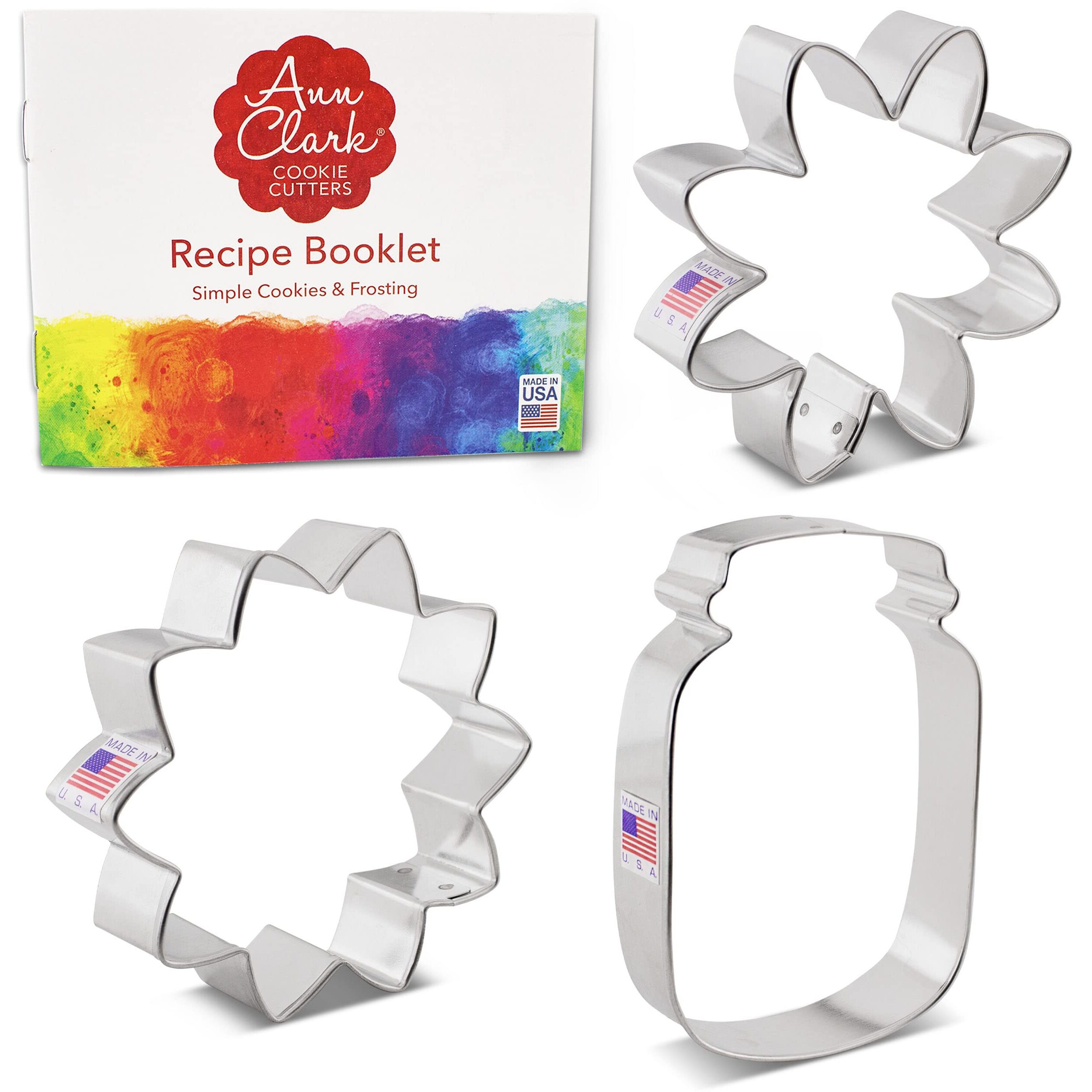 Summer Flowers Cookie Cutters 3-Pc. Set Made In The Usa By Ann Clark, Sunflower, Daisy And Mason Jar