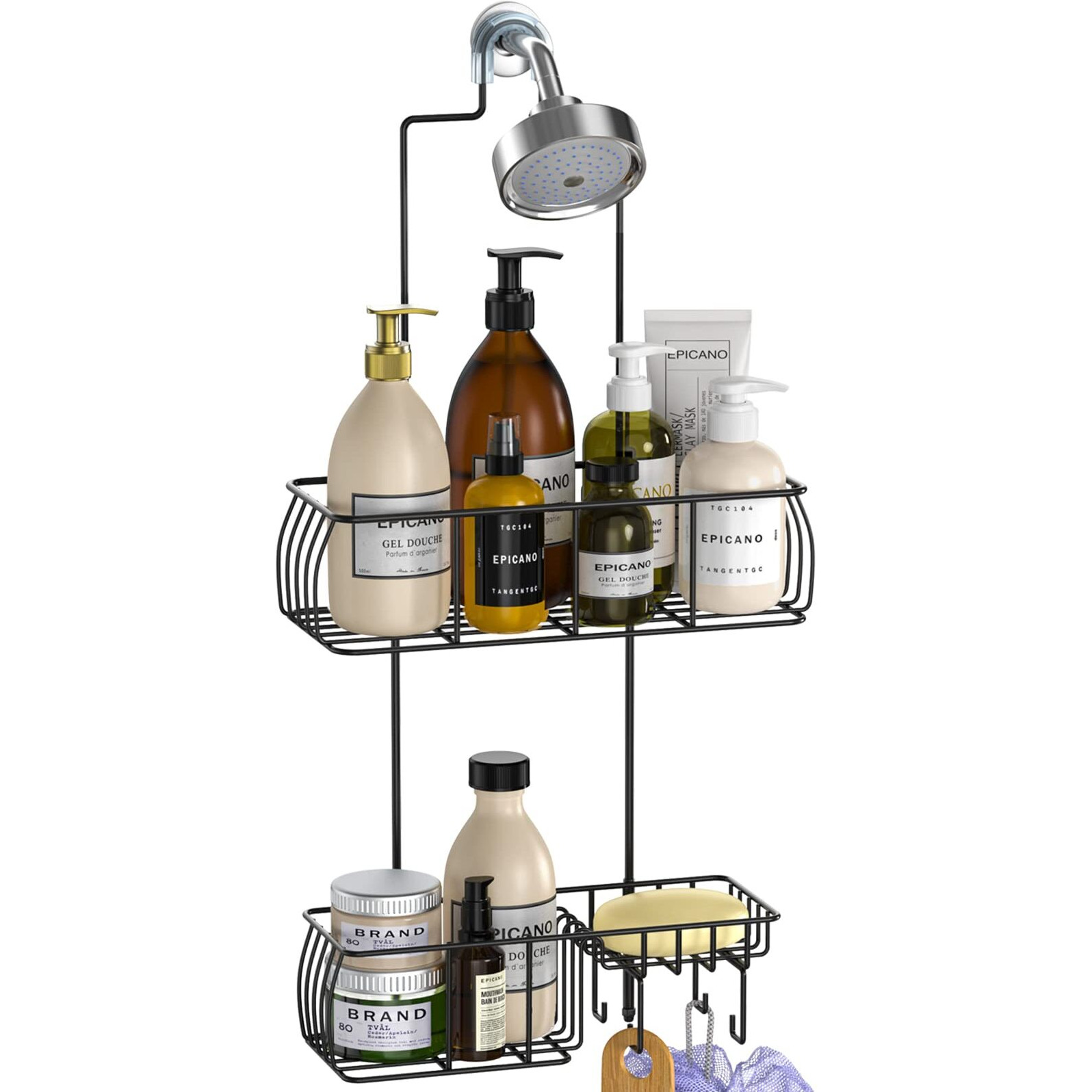 Epicano Shower Caddy Hanging, Anti-Swing Over Head Shower Caddy Rustproof With Hooks For Towels, Sponge And More, Matte Black