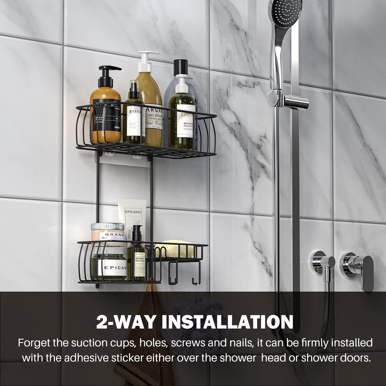 Epicano Shower Caddy Hanging, Anti-Swing Over Head Shower Caddy Rustproof With Hooks For Towels, Sponge And More, Matte Black