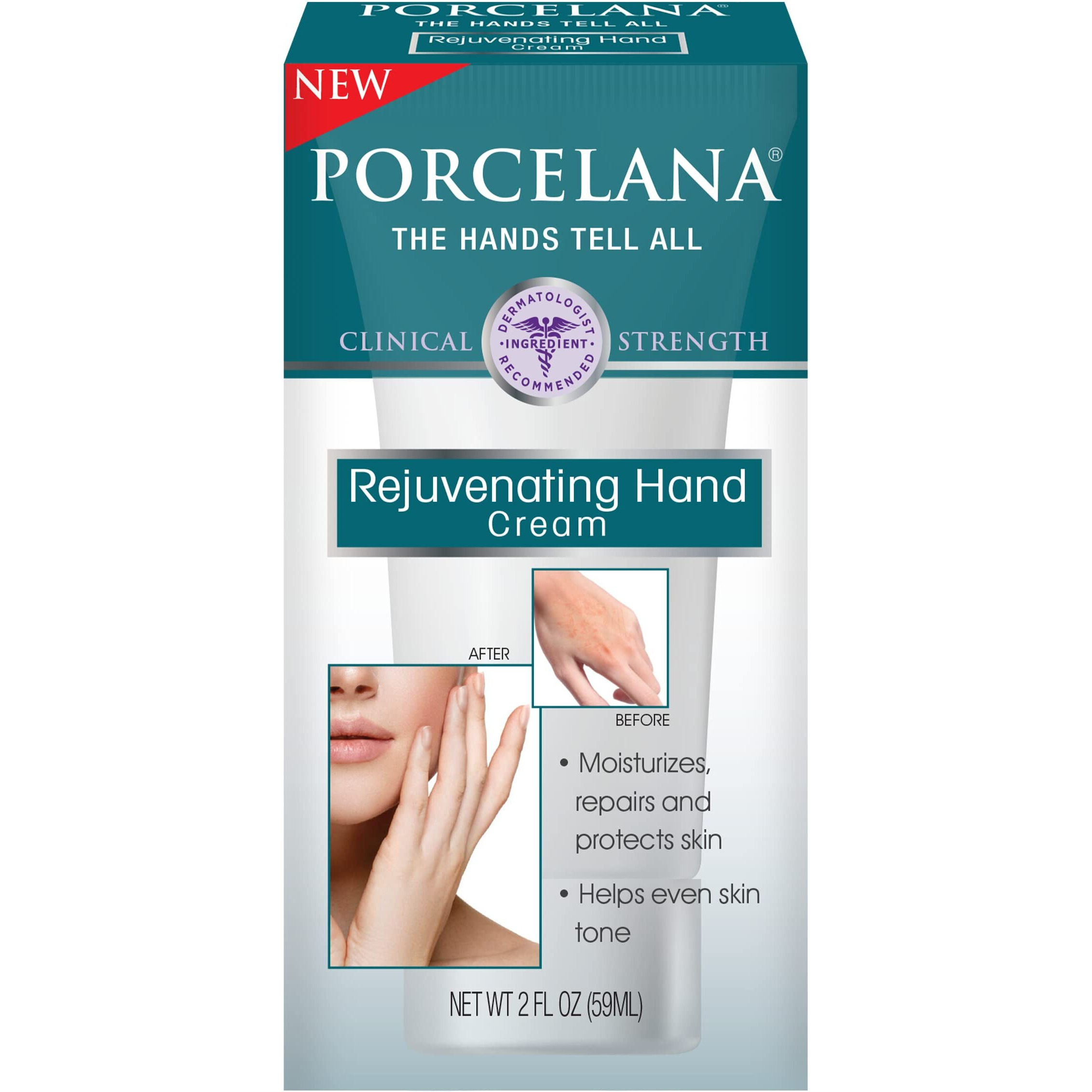 Porcelana Rejuvenating Hand Cream - Moisturizing & Anti Aging Lotion - Non Greasy Formula Evens Skin Tone & Dermatologist Recommended (2 Oz)