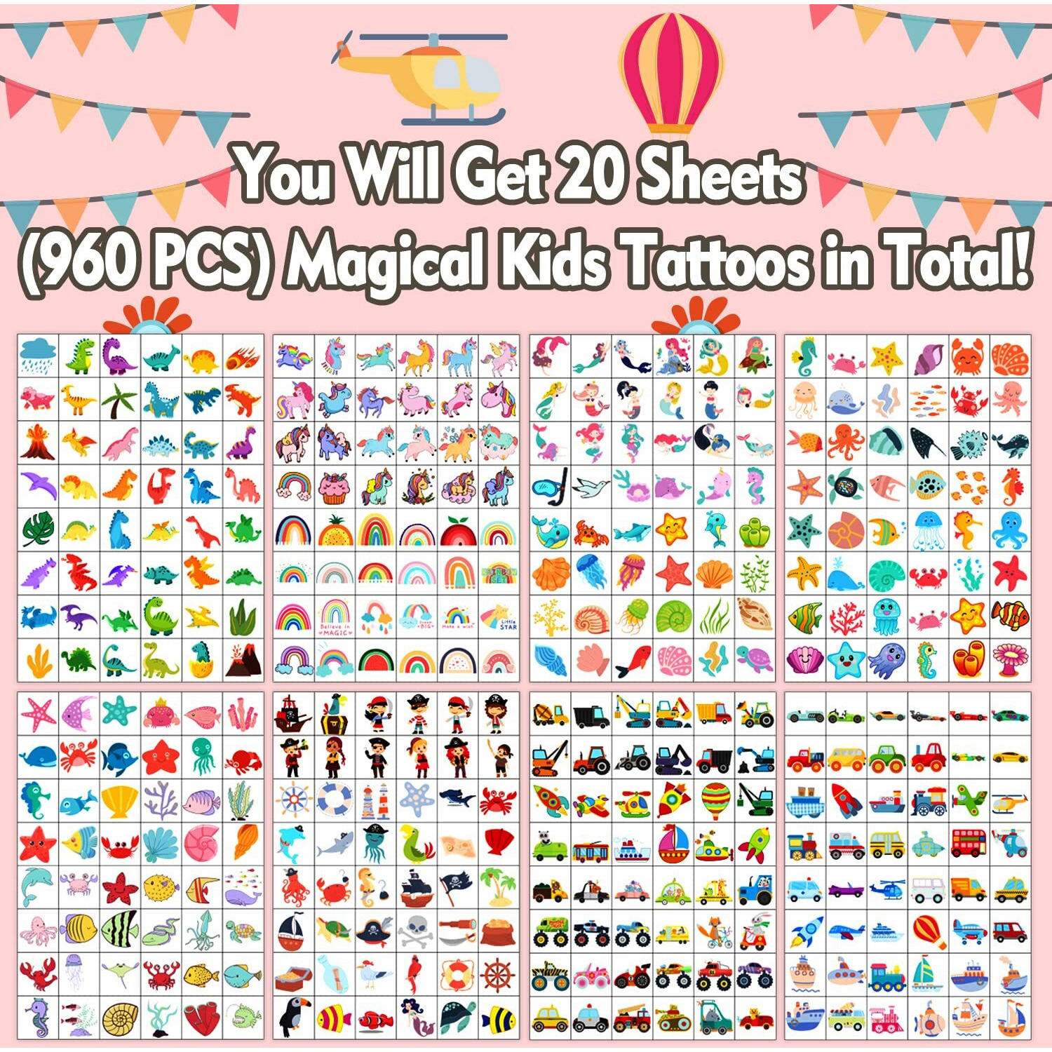 Partywind 960 Pcs Individually Wrapped Tattoos For Kids Bulk, Cute Temporary Tattoo Stickers For Birthday Party Supplies Favors, Fake Tattoos For Kids Christmas Games (20 Sheets)