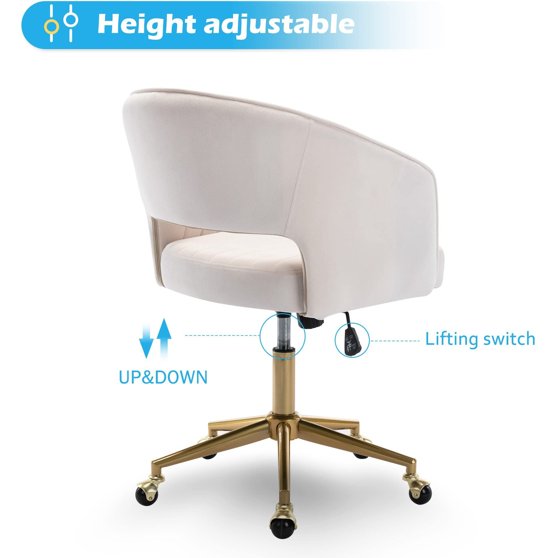 Home Office Chair Swivel Velvet Desk Chair Accent Armchair Upholstered Modern Tufted Chairs With Gold Base For Girls Women Ergonomic Study Seat Computer Task Stools For Living Room(Cream)