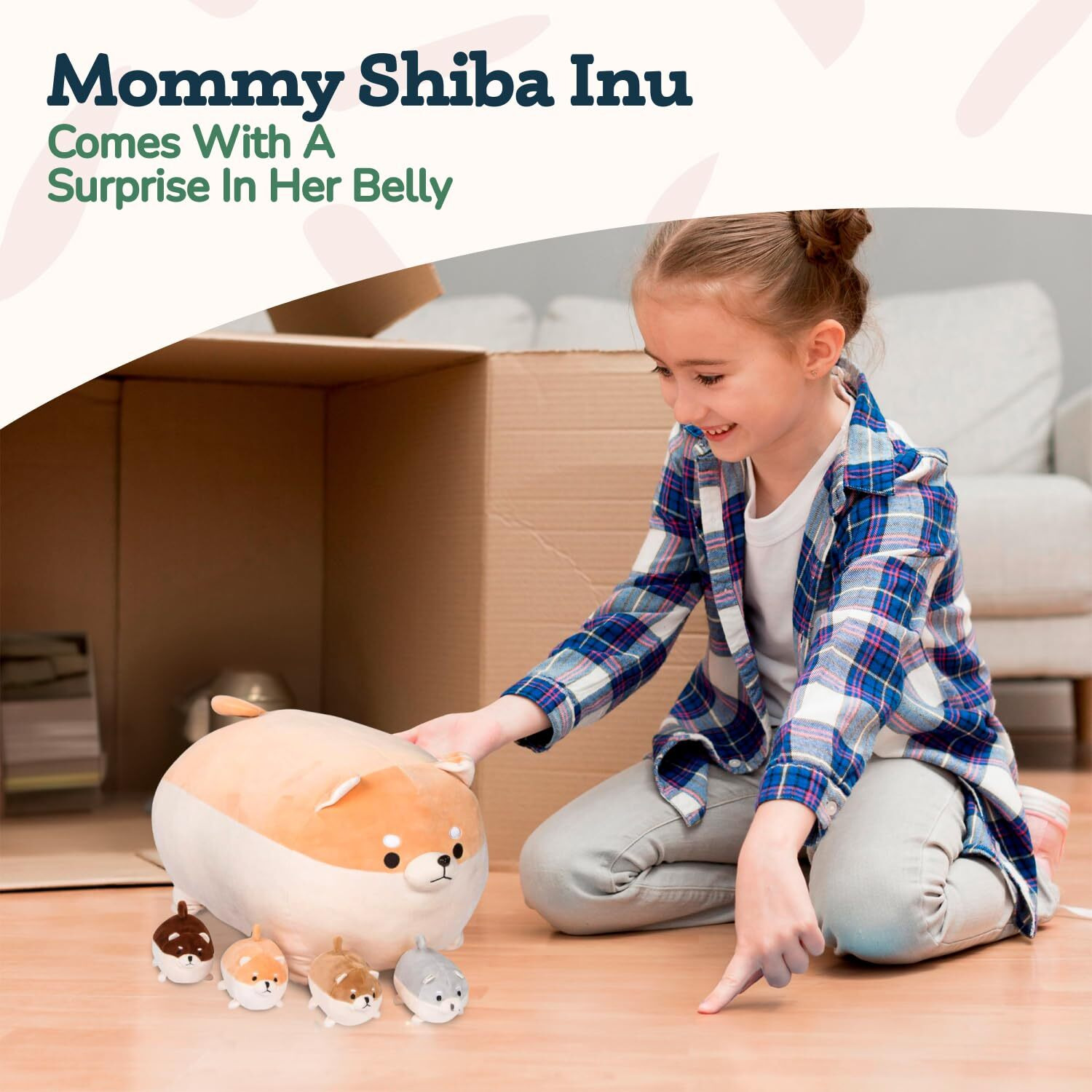 Pixiecrush Stuffy Little Toys For Ages 3-8 - Cute Mommy Shiba Inu With 4 Puppies - Magical Pillow Plushie - Enchanting Stuffed Cuddly Companions For Imaginative Play - Dog Plushies With Babies Inside
