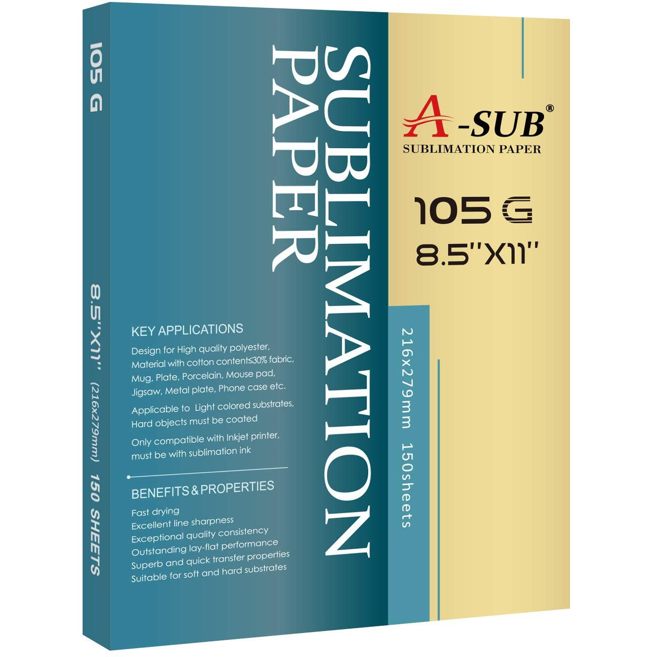 A-Sub Sublimation Paper- 150 Sheets Heat Transfer Paper 8.5X11 Inch Compatible With Inkjet Sublimation Printer 105G