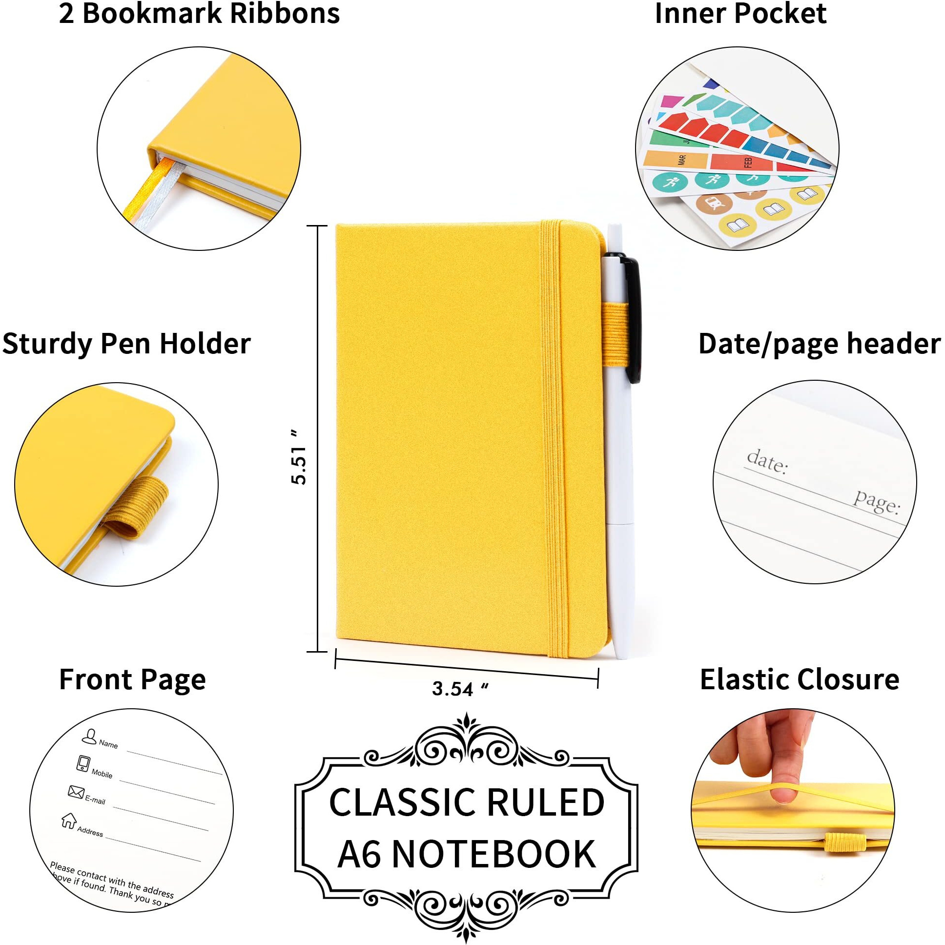 Feela 3 Pack Pocket Notebook Journals With 3 Black Pens, A6 Mini Cute Small Journal Notebook Bulk Hardcover College Ruled Notepad With Pen Holder For Office School Supplies, 3.5   X 5.5   , Yellow