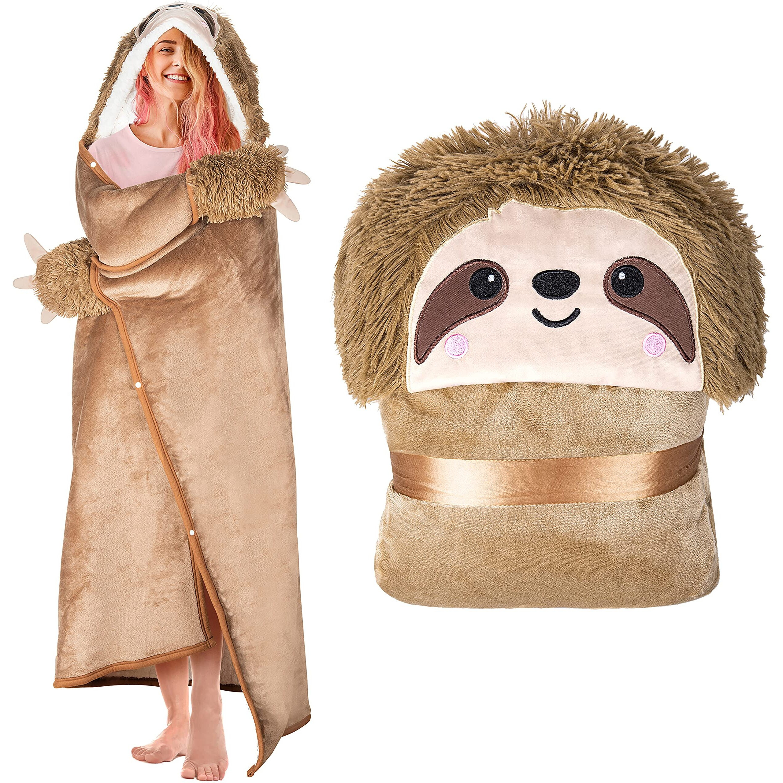 Sloth Wearable Hooded Blanket For Adults - Super Soft Warm Cozy Plush Flannel Fleece & Sherpa Hoodie Throw Cloak Wrap - Sloth Gifts For Women Adults And Kids