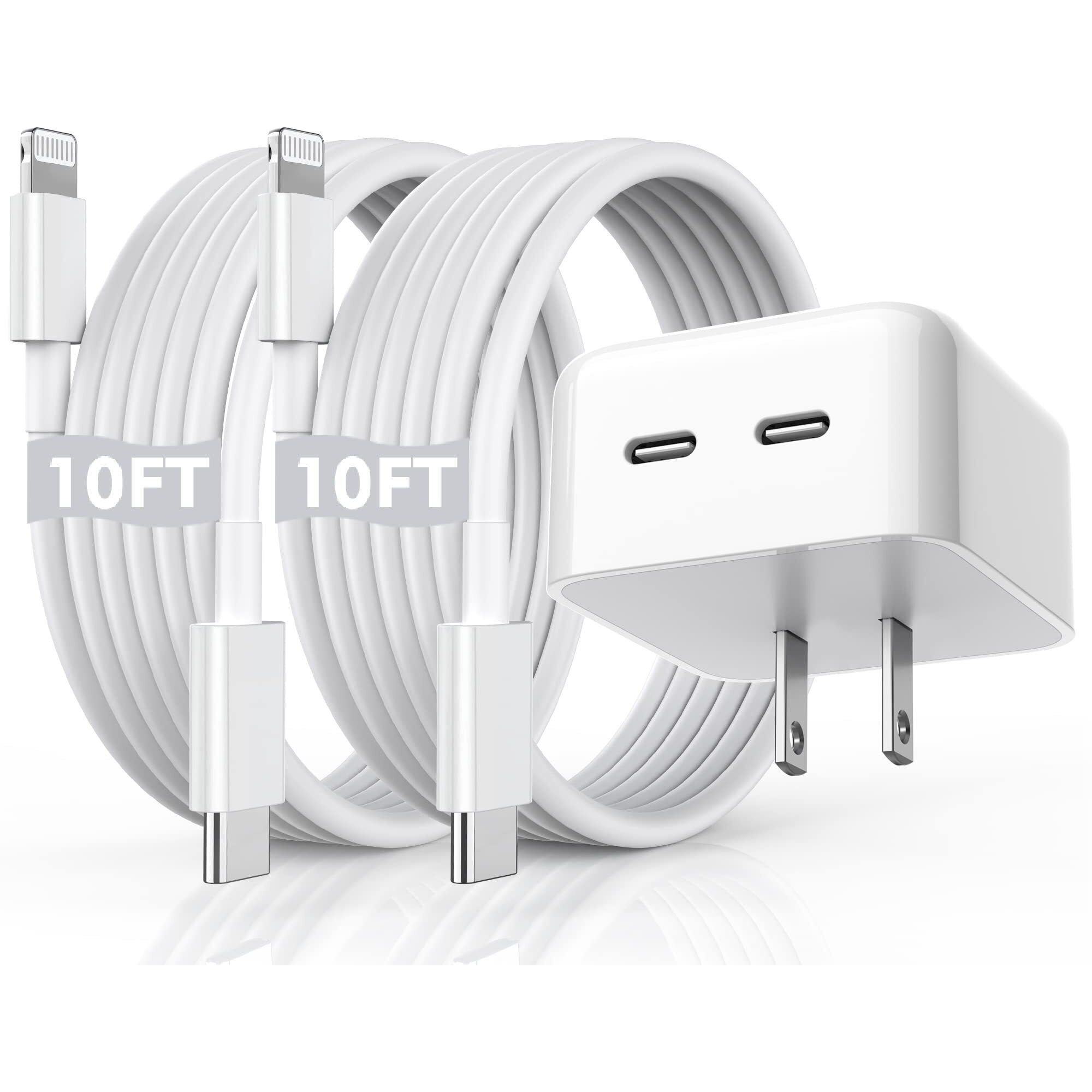 Iphone Fast Charger, 40W Dual Usb-C Quick Wall Charger 10Ft Charging 2Pack 10Ft Extra Long Lightning Cable+Double Port Foldable Usbc Iphone Charger Fast Charging For Iphone 14/13/12/11/Xr/Xs/Se/Ipad