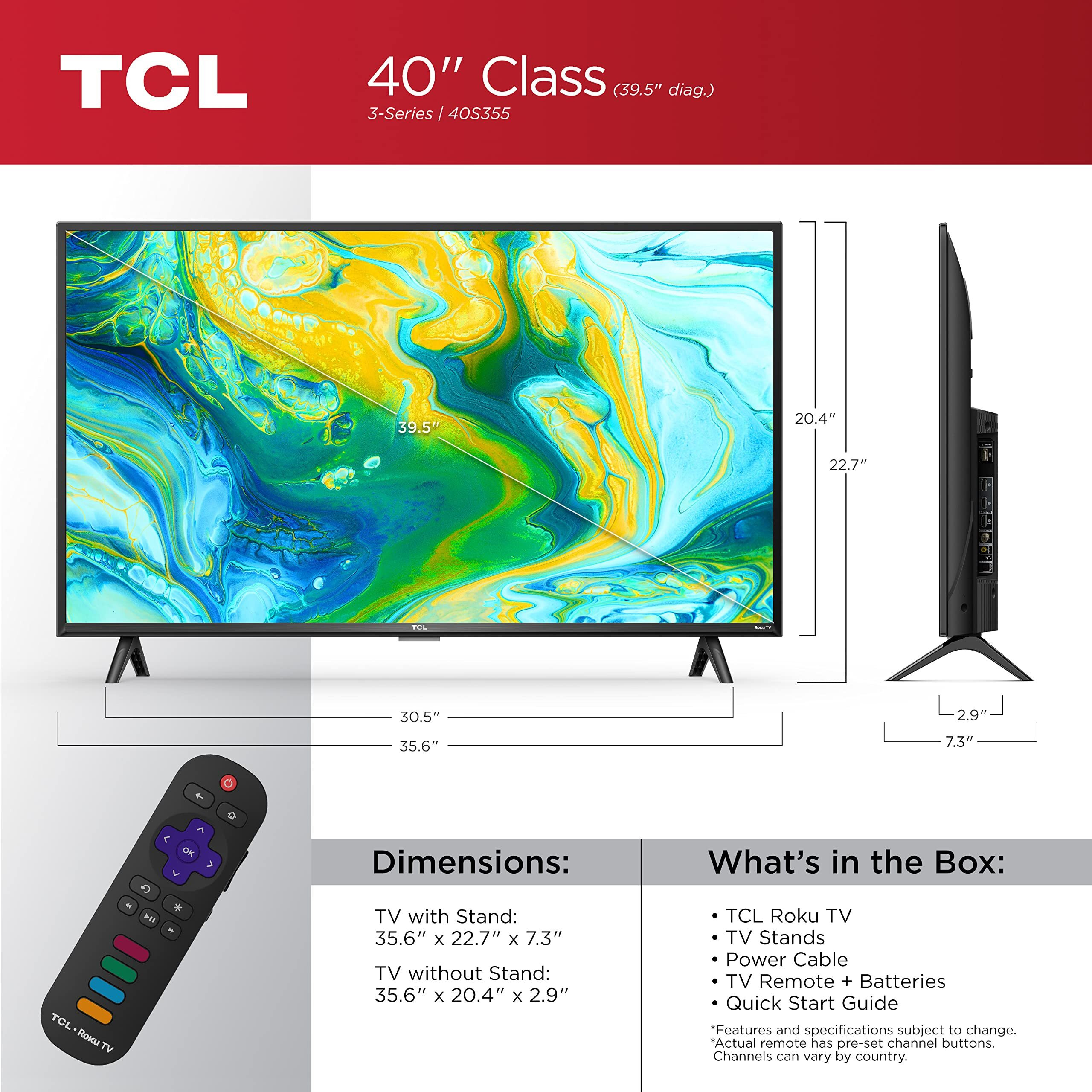 Tcl 40"" Class 3-Series Full Hd 1080P Led Smart Roku Tv - 40S355,Black