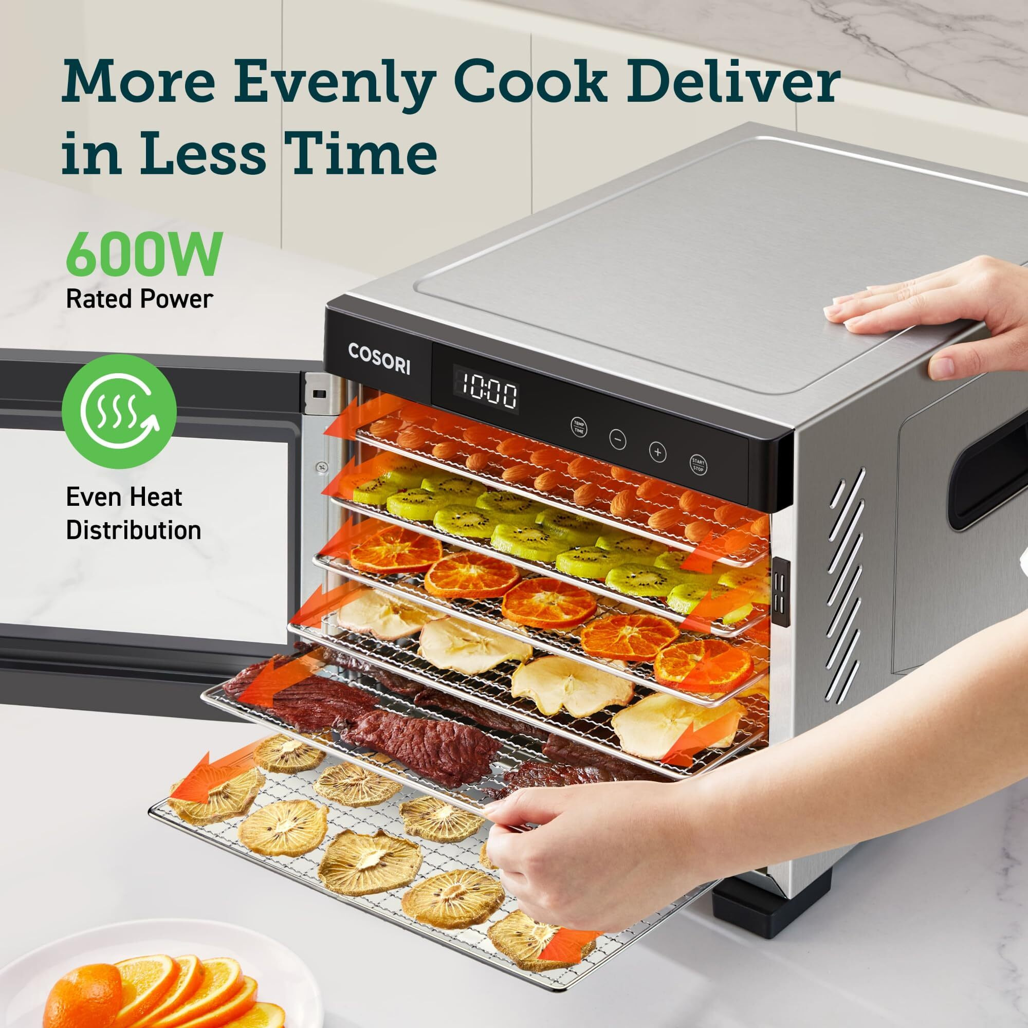 Cosori Food Dehydrator, Bigger Than 7 Trays With Large 6.5"" Drying Space, 600W Power Saves More Time Than 480W, 165F Dehydrated Dryer For Jerky, Dog Treats, Herbs, Meat, Fruit, And Yogurt, Silver