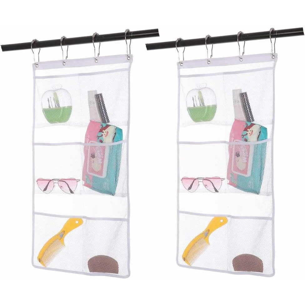 Bsagve 2 Pack Mesh Hanging Caddy Organizer With 6 Pockets, Shower Curtain Rod Liner Hanging Organizer Storage Pockets Bathroom Hanger Organizer, Bath Toy Holder Organizer With Portable 4 Rings