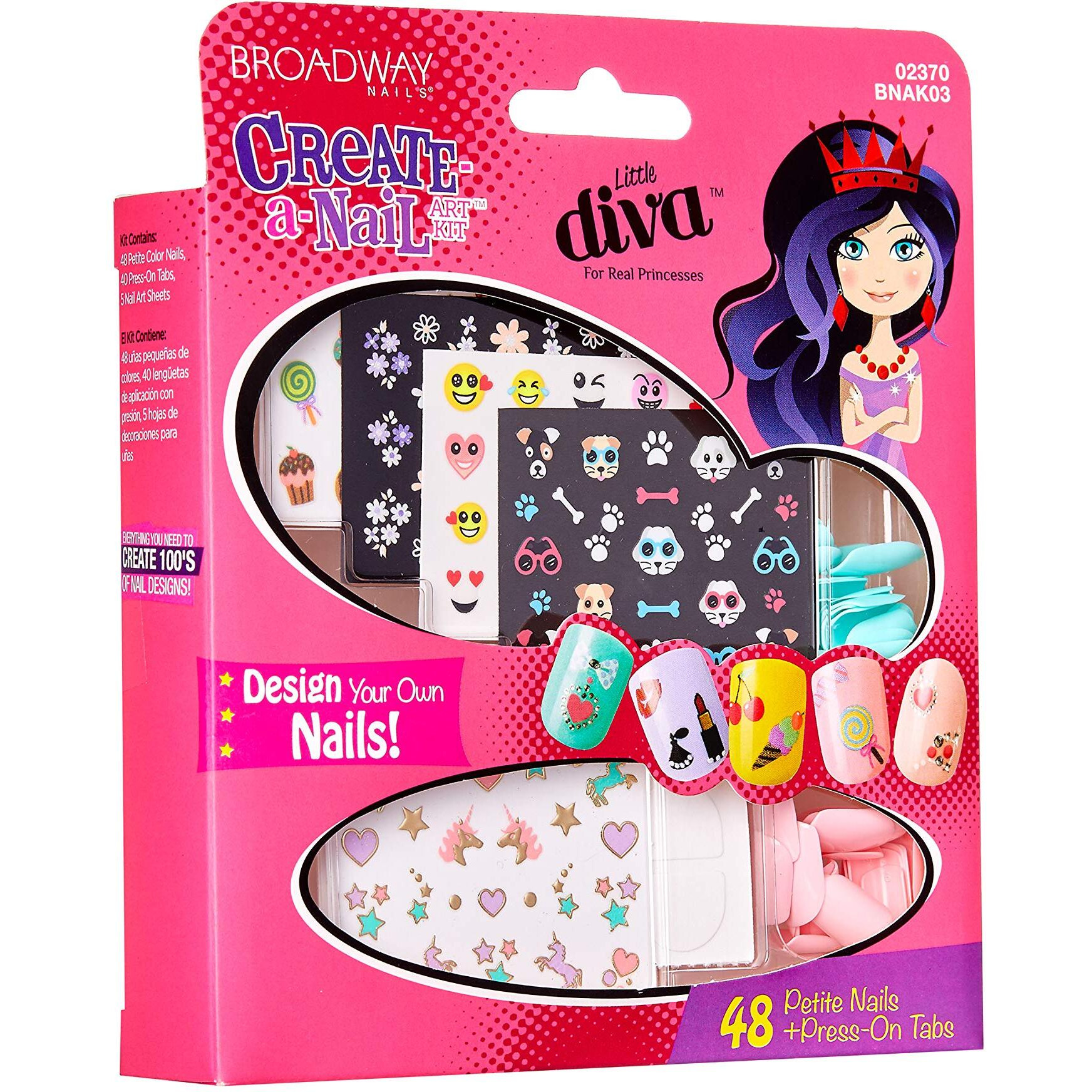 Kiss Broadway Little Diva Nail Art Kit, Safe On Natural Nails, Mom Approved, Over 250 Nail Stickers, 48 Ready-To-Wear Petite Fake Nails & 48 Press-On Adhesive Tabs