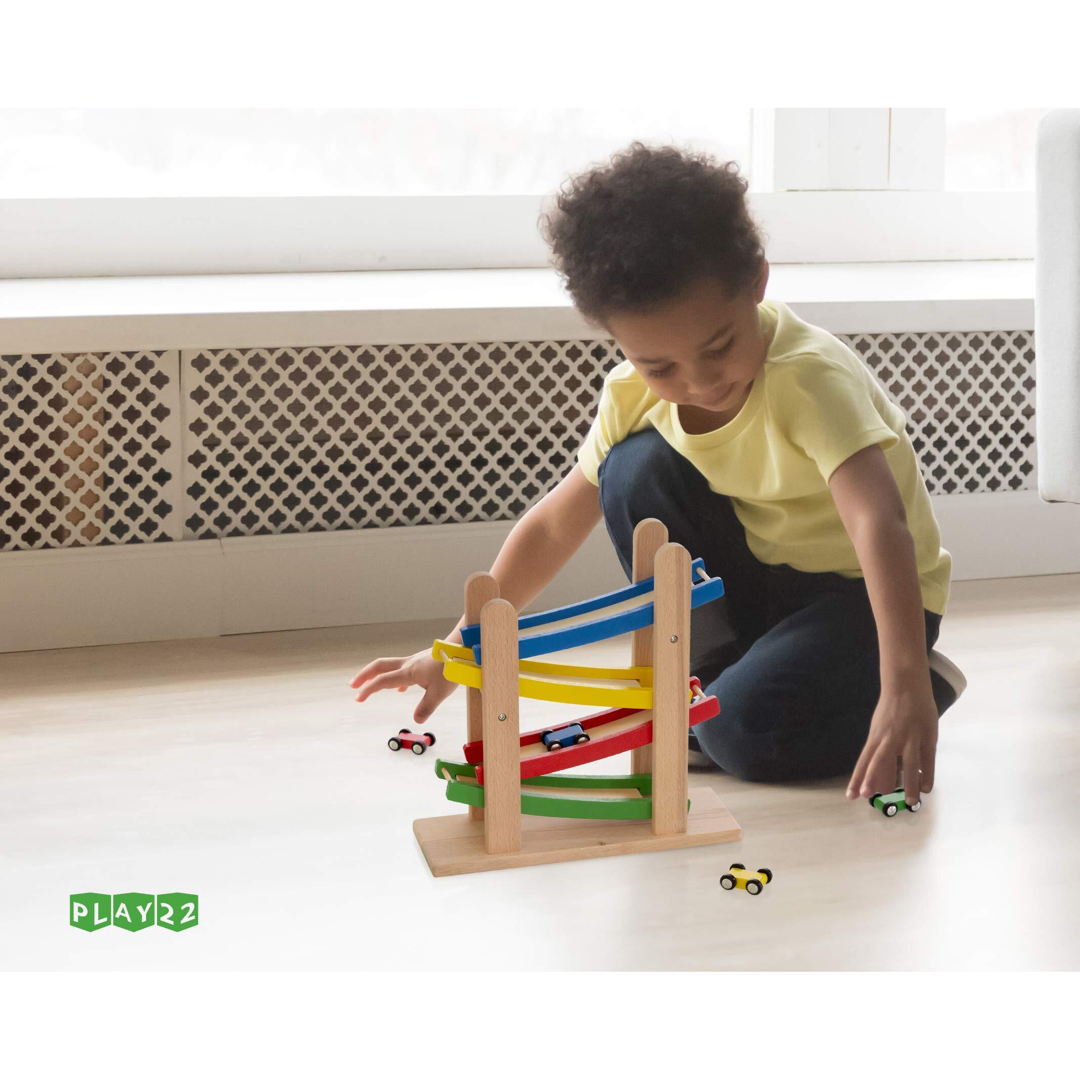 Play22 Wooden Car Ramps Race - 4 Level Toy Car Ramp Race Track Includes 4 Wooden Toy Cars - My First Baby Toys - Toddler Race Car Ramp Toy Set Is A Great Gift For Boys And Girls - Original By Play22