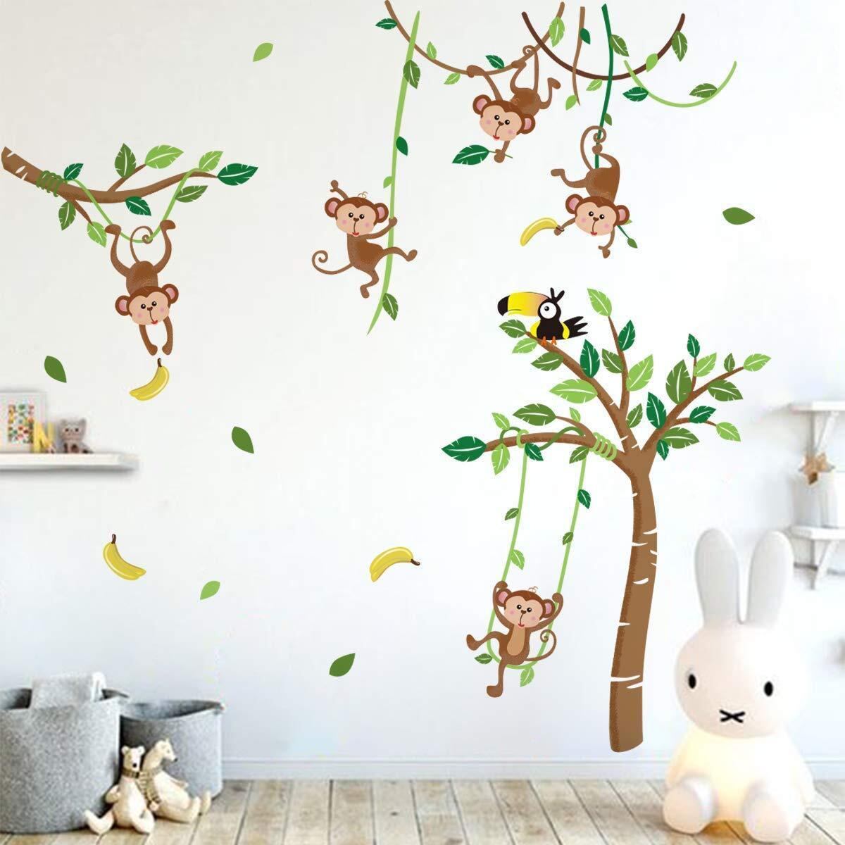 Runtoo Monkey And Tree Wall Decals Animals Jungle Wall Stickers Tv Wall D  Cor For Baby Nursery Kids Bedroom