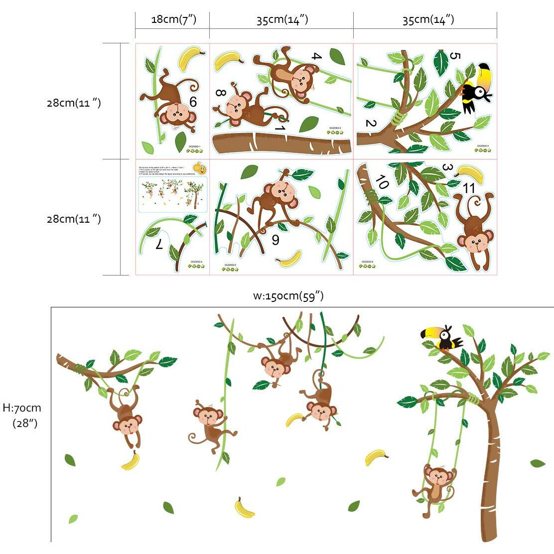 Runtoo Monkey And Tree Wall Decals Animals Jungle Wall Stickers Tv Wall D  Cor For Baby Nursery Kids Bedroom