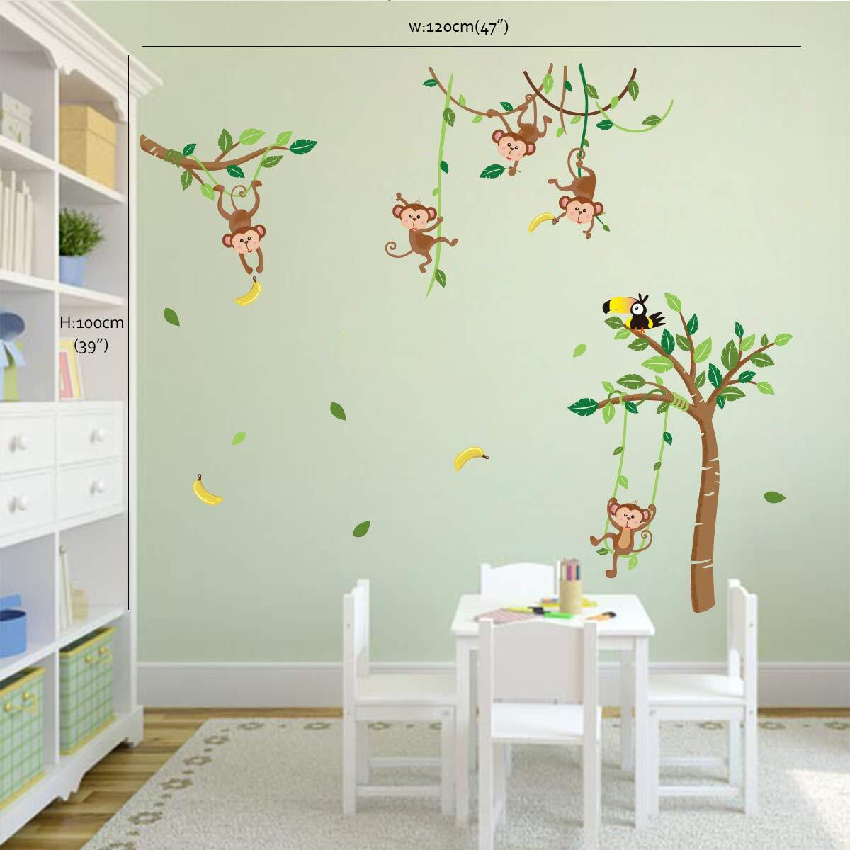 Runtoo Monkey And Tree Wall Decals Animals Jungle Wall Stickers Tv Wall D  Cor For Baby Nursery Kids Bedroom