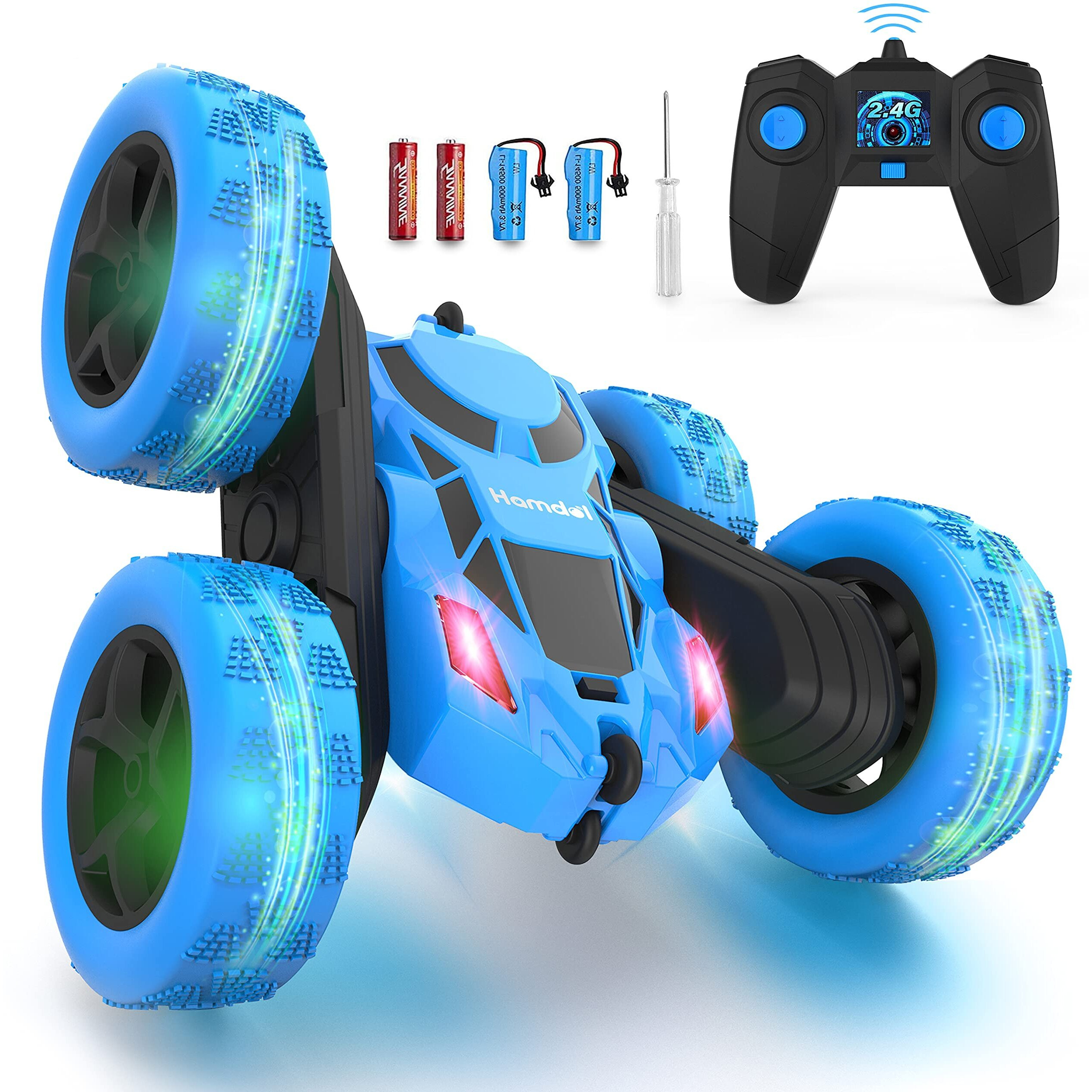 Hamdol Remote Control Car Double Sided 360Rotating 4Wd Rc Cars With Headlights 2.4Ghz Electric Race Stunt Toy Car Rechargeable Toy Cars For Boys Girls Birthday (Blue)