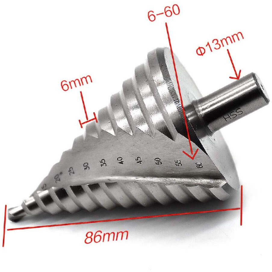 Meichoon Step Drill Bit Set Large Hss Spiral Groove 6-60Mm 12 Steps Sizes, Cobalt Countersunk Drill Cone Drilling Tool Hole Cutting Enlarge Metal Sheet Pvc Sheet Wood, Triangle Handle, Dc18