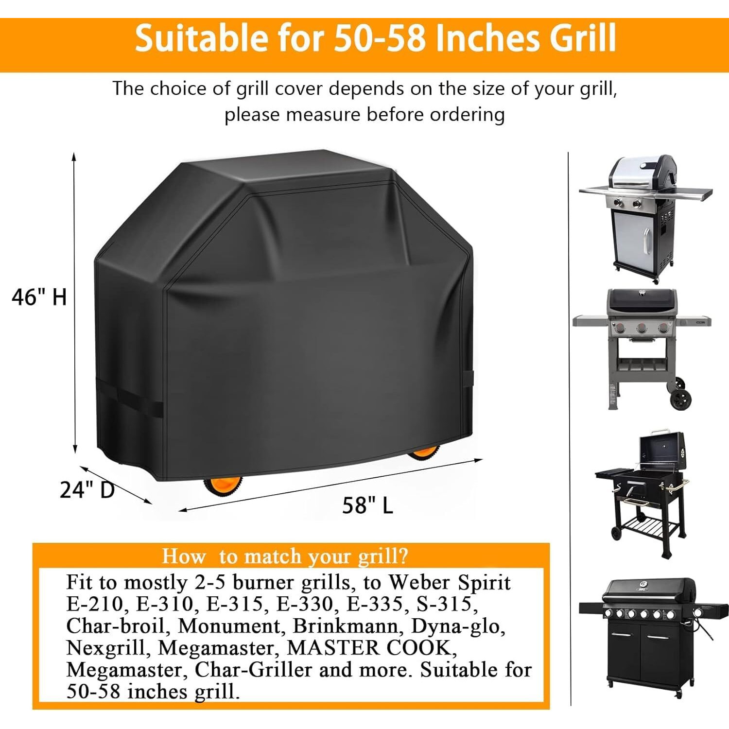 Aoretic Grill Cover, 58 Inch Bbq Gas Grill Cover For Outdoor Grill, Charbroil Grill Cover Barbecue Waterproof, Anti-Uv For Weber Char-Broil Monument, Dyna-Glo Nexgrill Spun Polyester