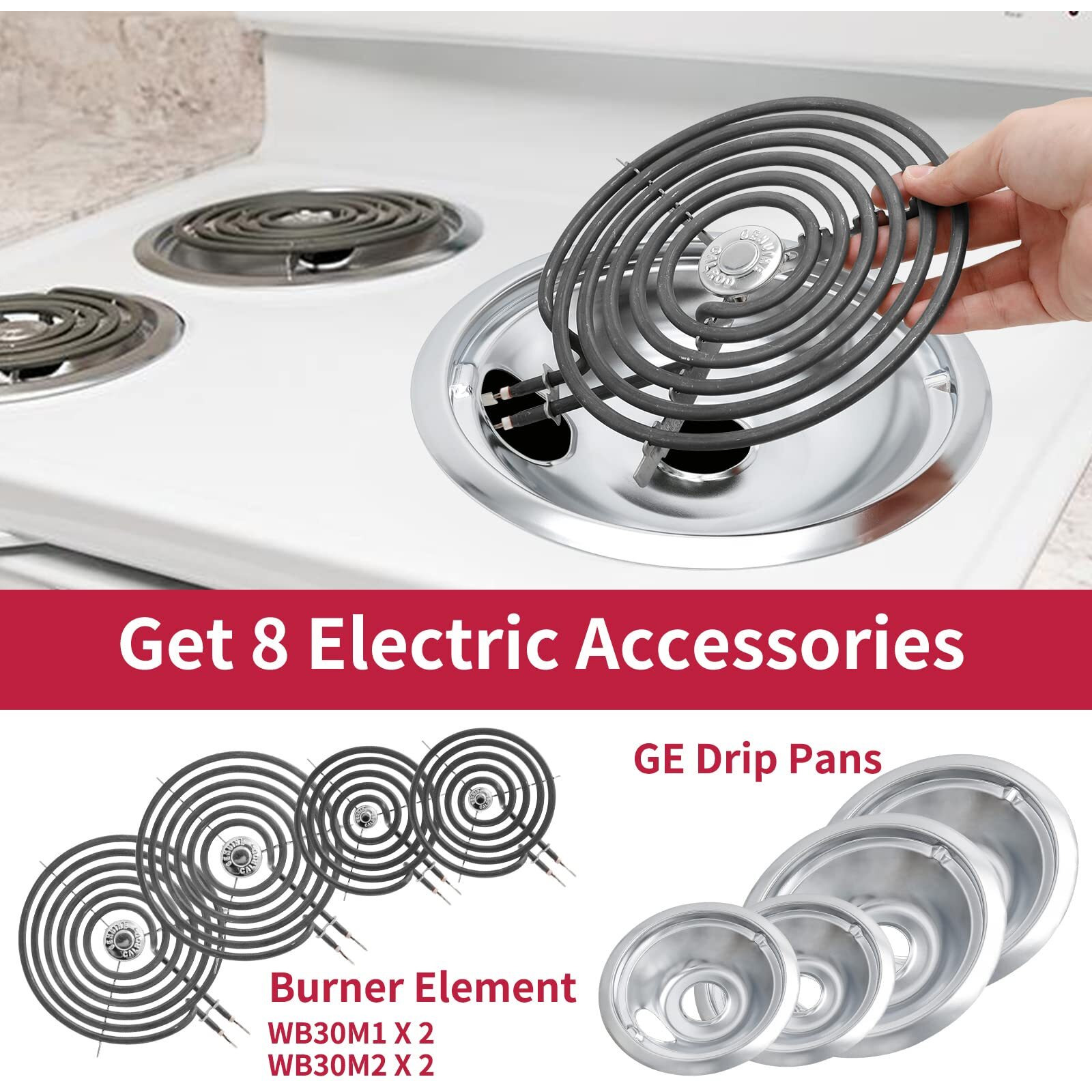 Cozzivita Mp22Ya Electric Stove Burner Element Replacement Set & W10290350 W10290353 4 Pack Silver Drip Pans - Perfectly Fit Whirlpool Electric Range Stove Top