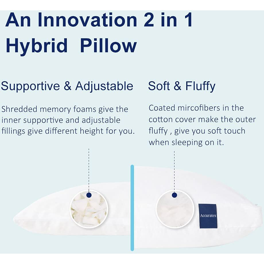 Accuratex Pillows Standard Size Set Of 2, Hybrid Shredded Memory Foam Pillow[Adjustable Loft], Fluffy Down Alternative Fill Removable Cotton Cover, Firm Supportive Pillow For Side Back Sleepers