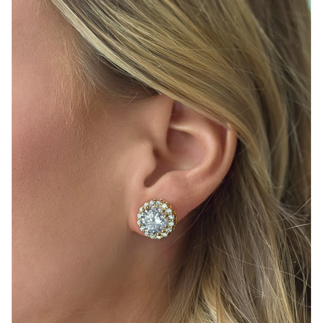 A+O Clip On Earrings, Round Crystal Stud Clip Earrings In Gold - 1/2 In