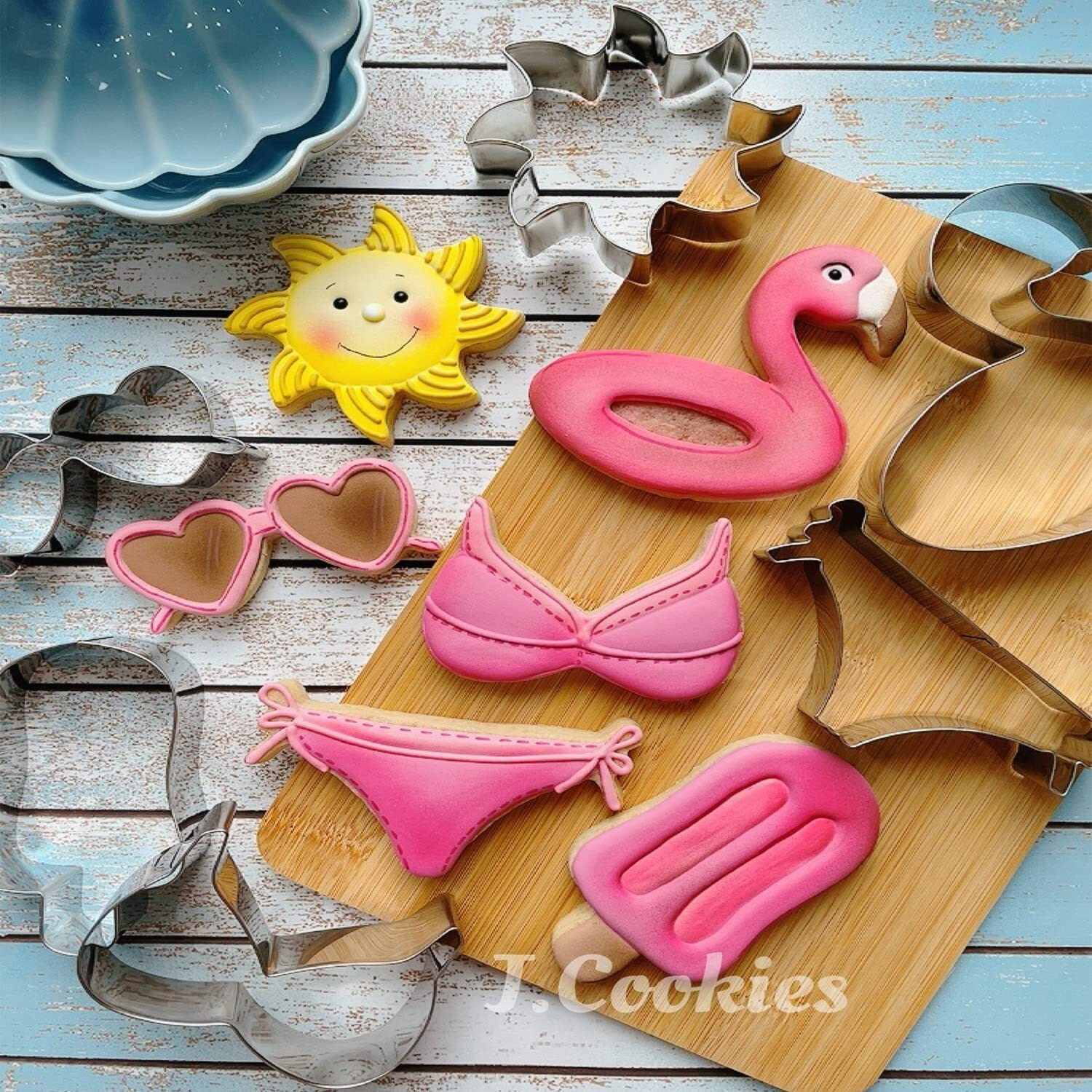 Liliao Summer Beach Cookie Cutter Set - 6 Piece - Sun, Flamingo Float, Popsicle, Heart Sunglasses And Bikini Biscuit Cutters - Stainless Steel