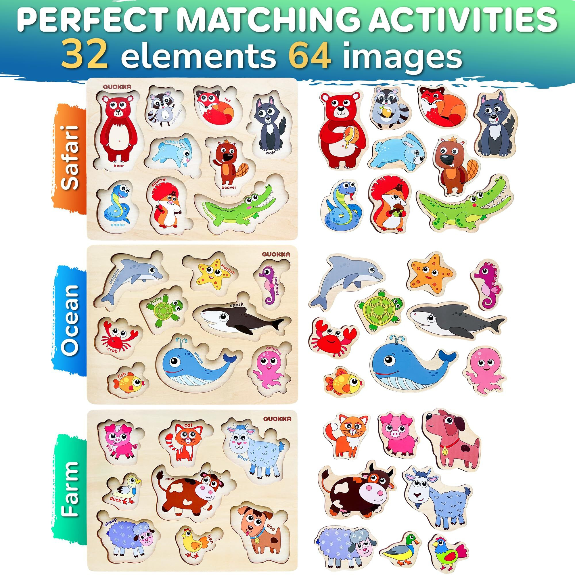 Quokka Wooden Puzzles For Toddlers Ages 1-3-5 - Animal Peg Puzzles For Kids 2-4 Years Old - Set Of 3 Wood Learning Travel Toys For Children - Gift Educational Game For Boys And Girls