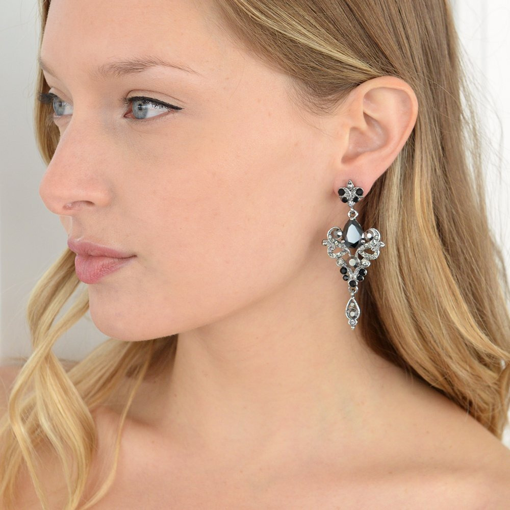 Mariell Vintage Black And Grey Crystal & Cz Chandelier Dangle Earrings For Fashion, Prom, Bridesmaids
