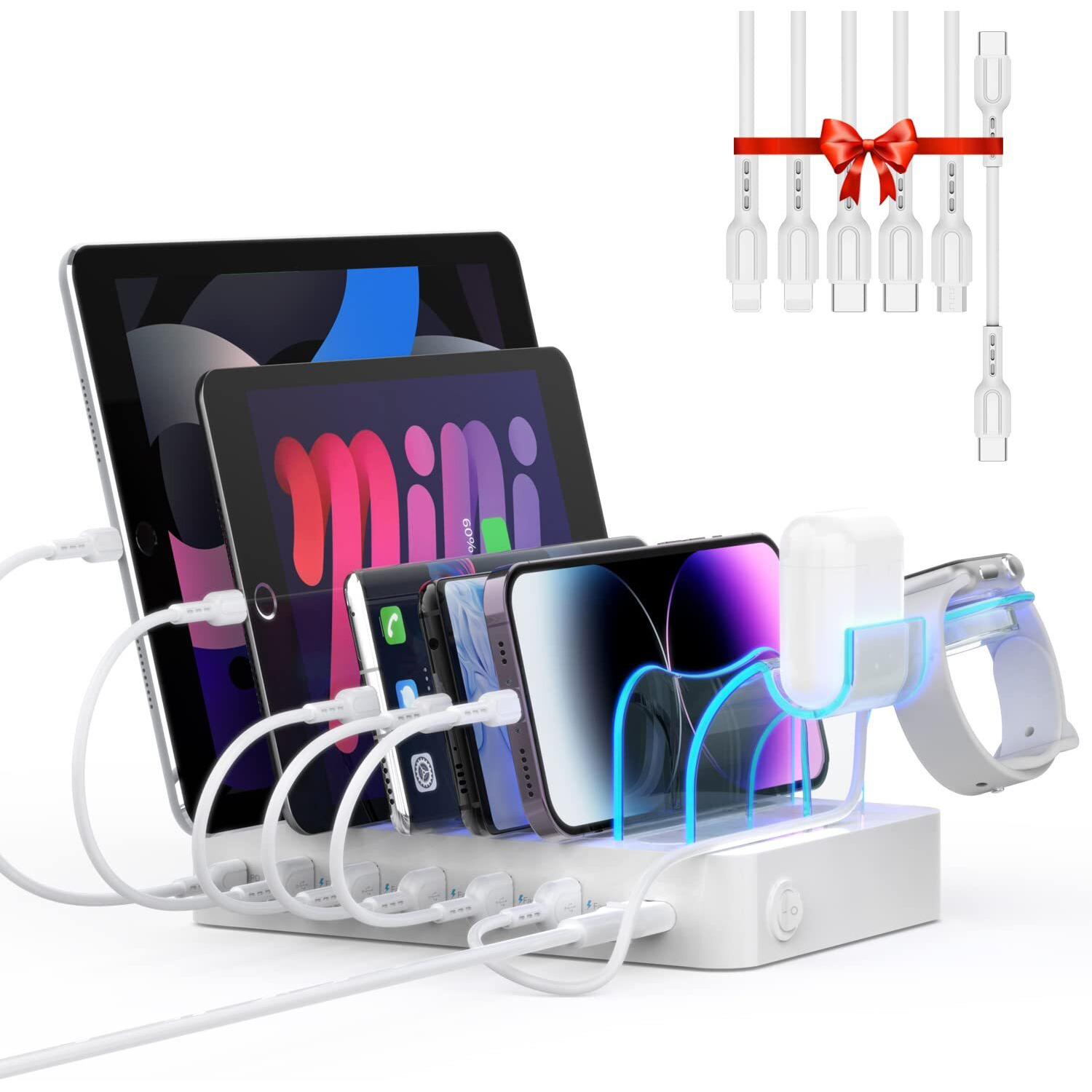 Soopii 60W 6-Port Charging Station For Multiple Devices, Pd 20W Usb C Fast Charging For Lphone 14/13/12,6 Short Cables Included, 2 In 1 Holder,For Phones,Tablets And Others,White