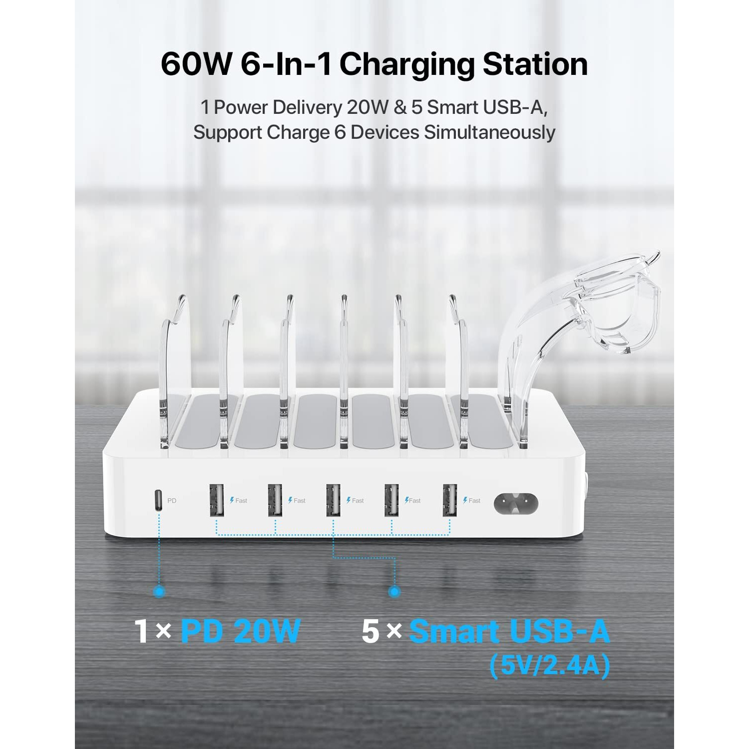 Soopii 60W 6-Port Charging Station For Multiple Devices, Pd 20W Usb C Fast Charging For Lphone 14/13/12,6 Short Cables Included, 2 In 1 Holder,For Phones,Tablets And Others,White